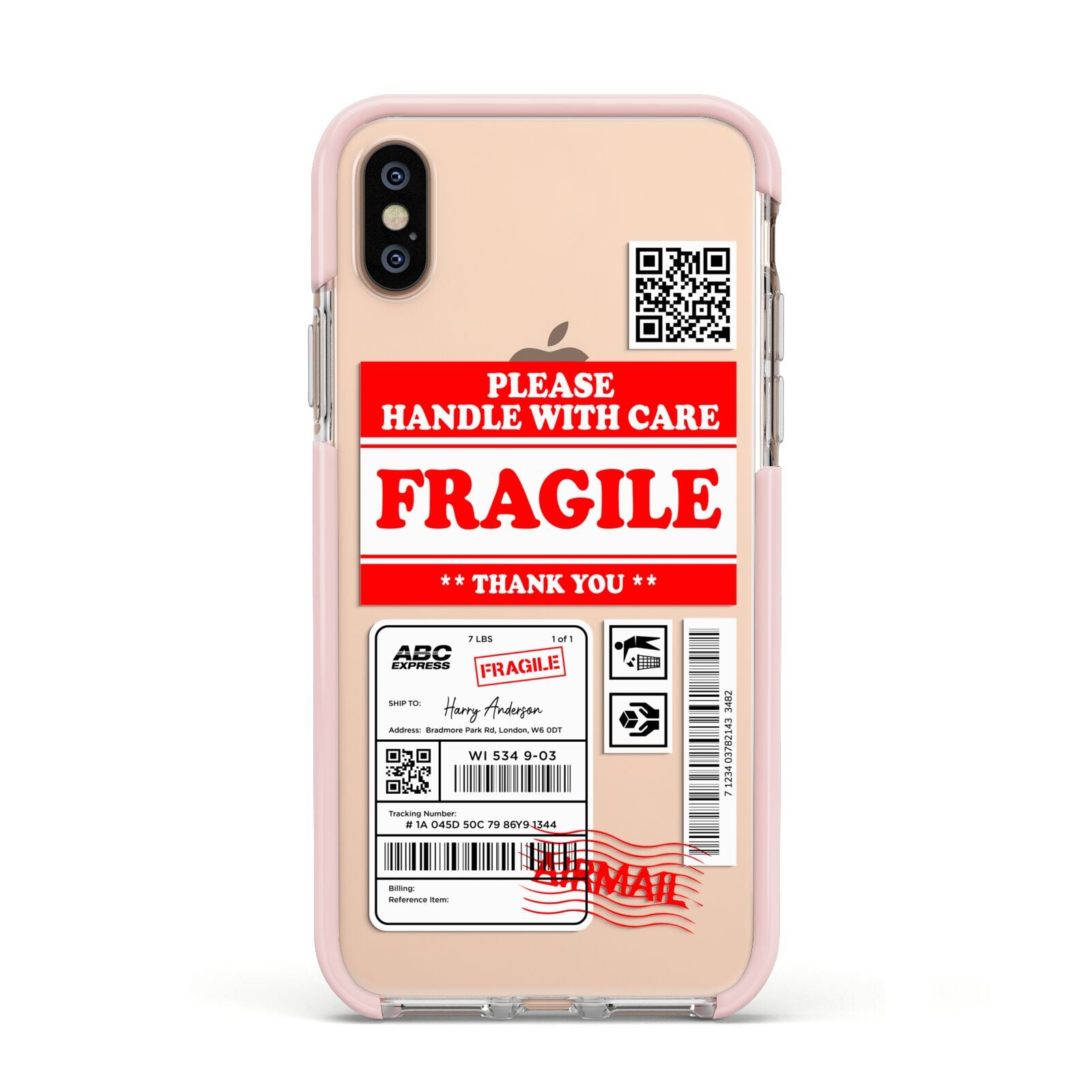 Fragile Parcel Stickers with Name Apple iPhone Xs Impact Case Pink Edge on Gold Phone