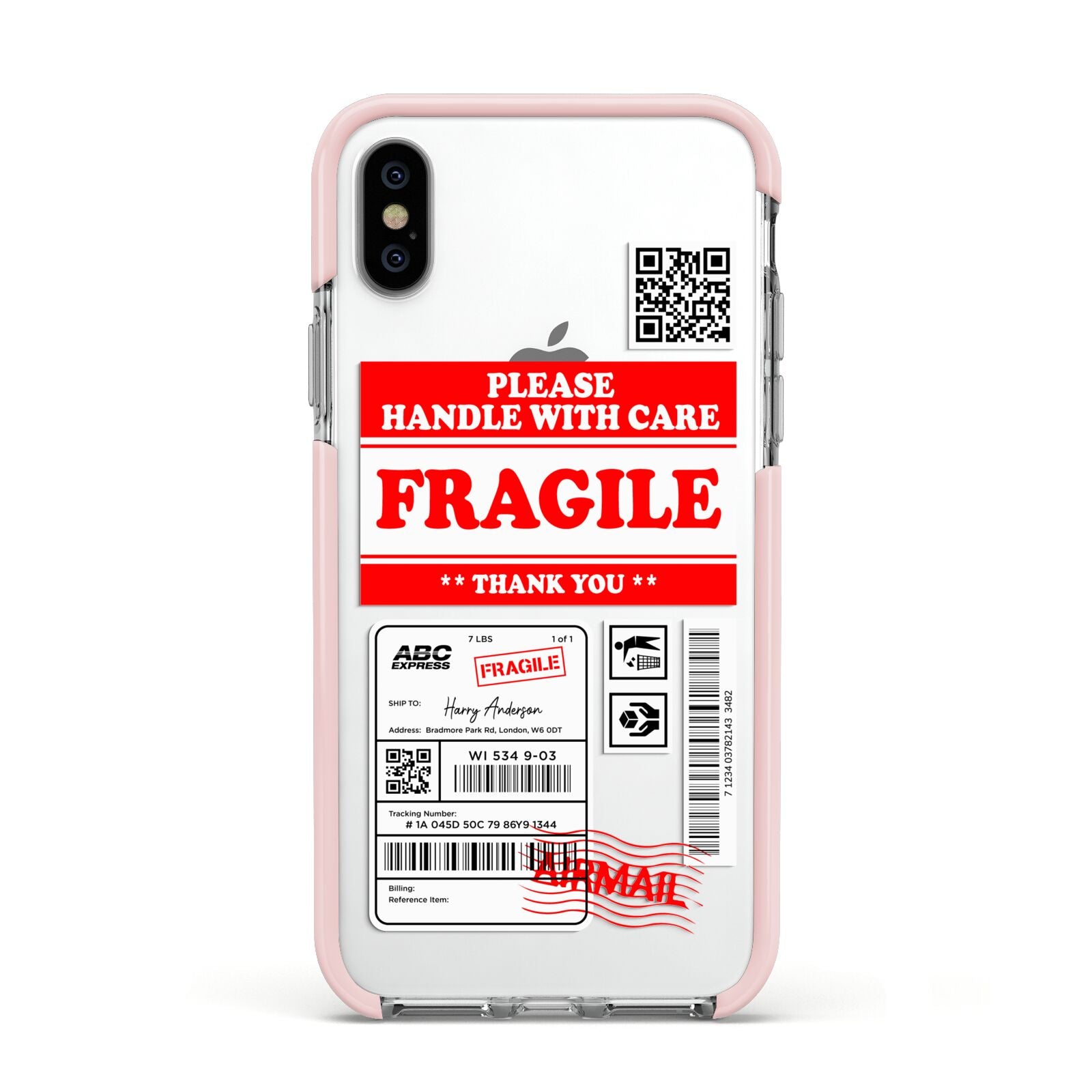 Fragile Parcel Stickers with Name Apple iPhone Xs Impact Case Pink Edge on Silver Phone