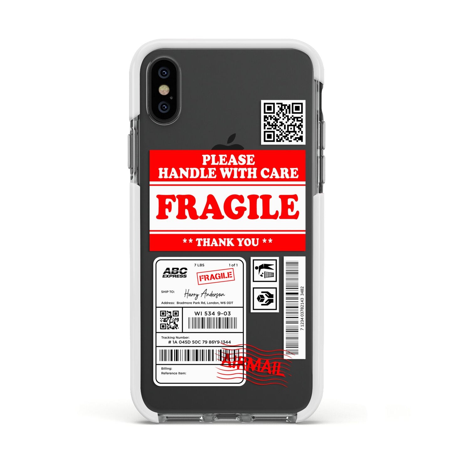 Fragile Parcel Stickers with Name Apple iPhone Xs Impact Case White Edge on Black Phone