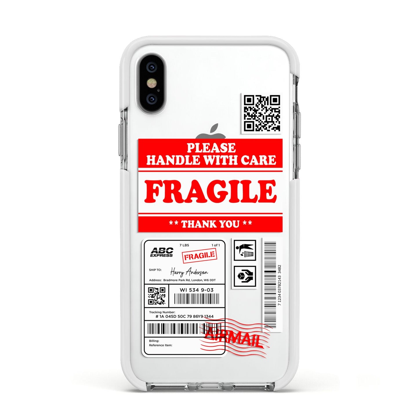 Fragile Parcel Stickers with Name Apple iPhone Xs Impact Case White Edge on Silver Phone