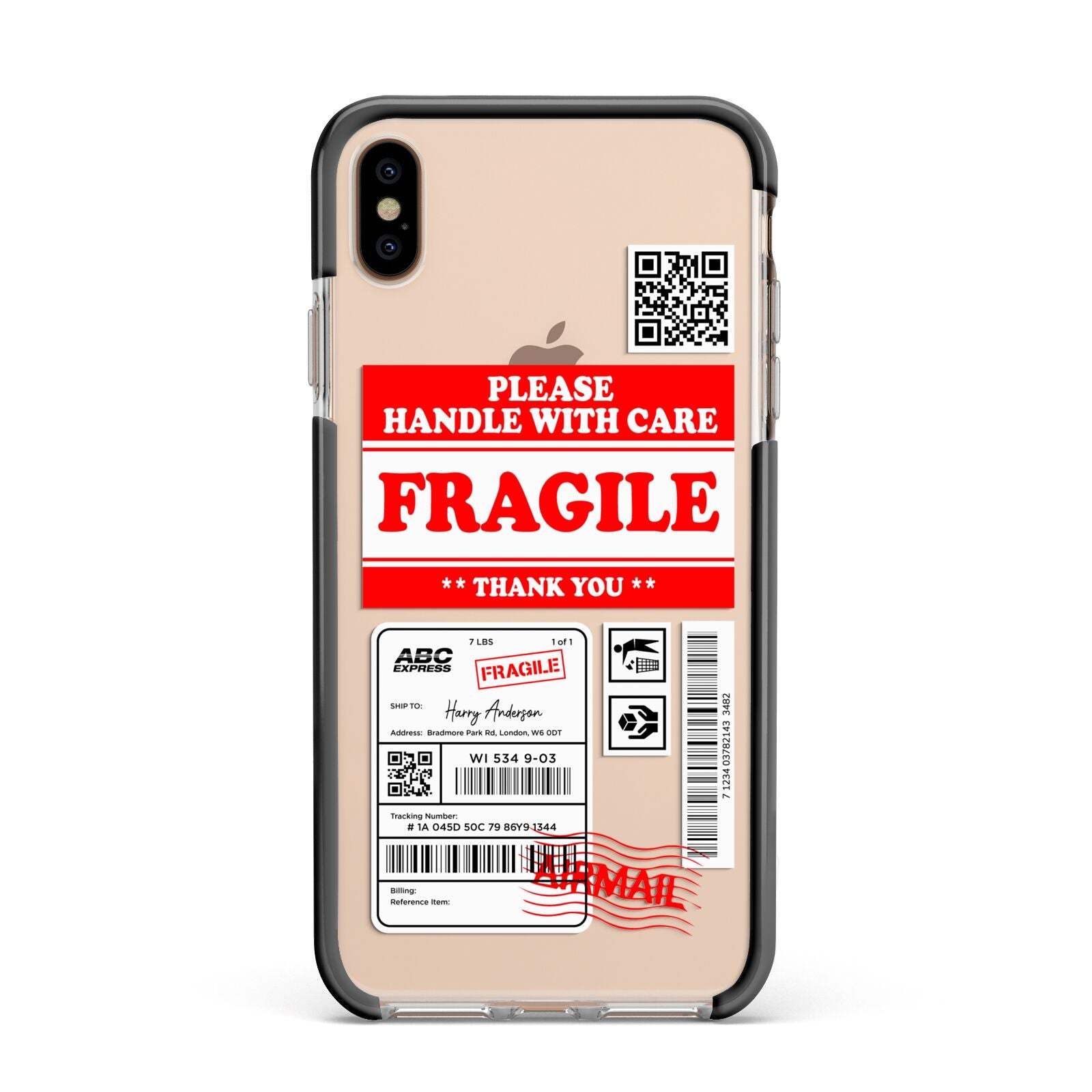 Fragile Parcel Stickers with Name Apple iPhone Xs Max Impact Case Black Edge on Gold Phone