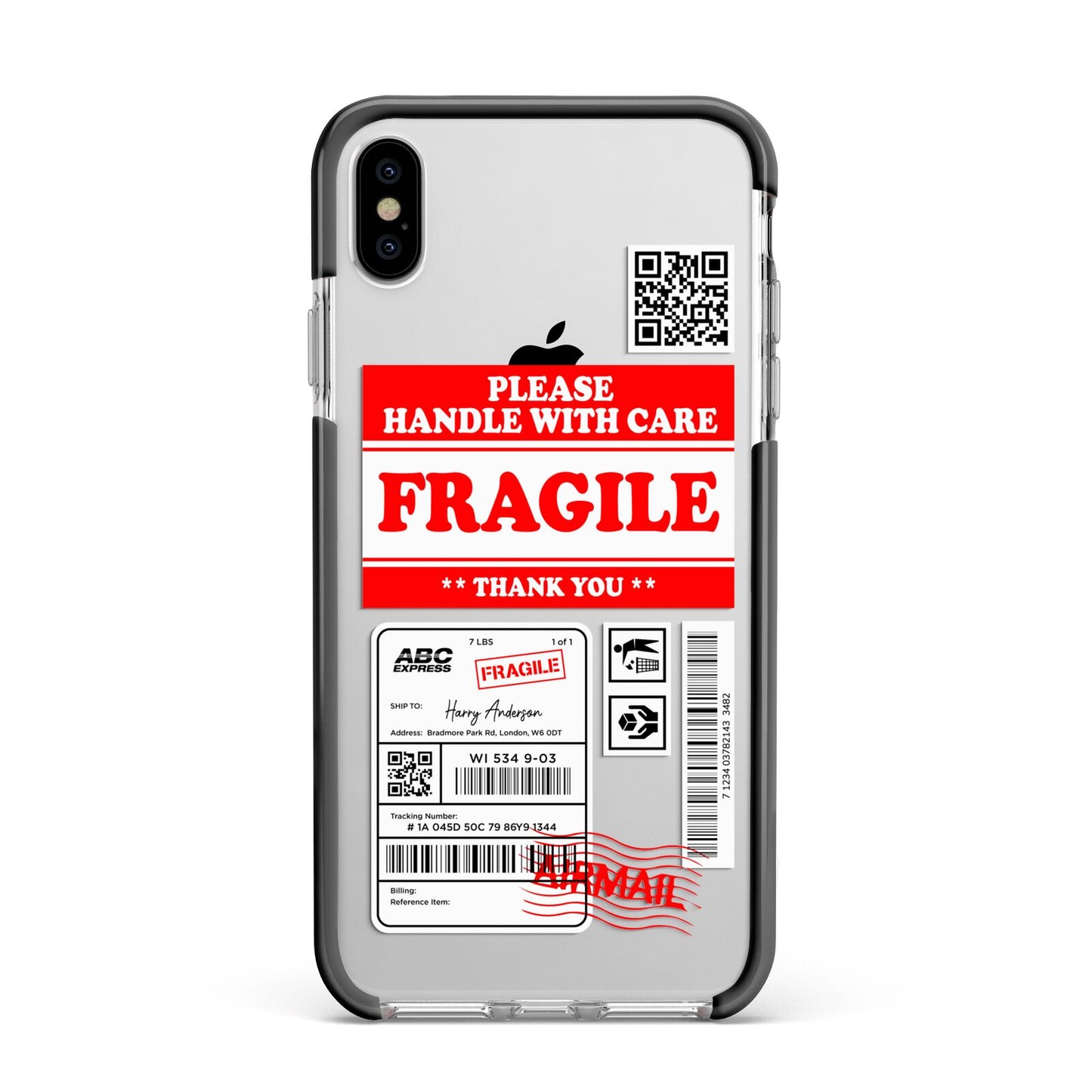 Fragile Parcel Stickers with Name Apple iPhone Xs Max Impact Case Black Edge on Silver Phone