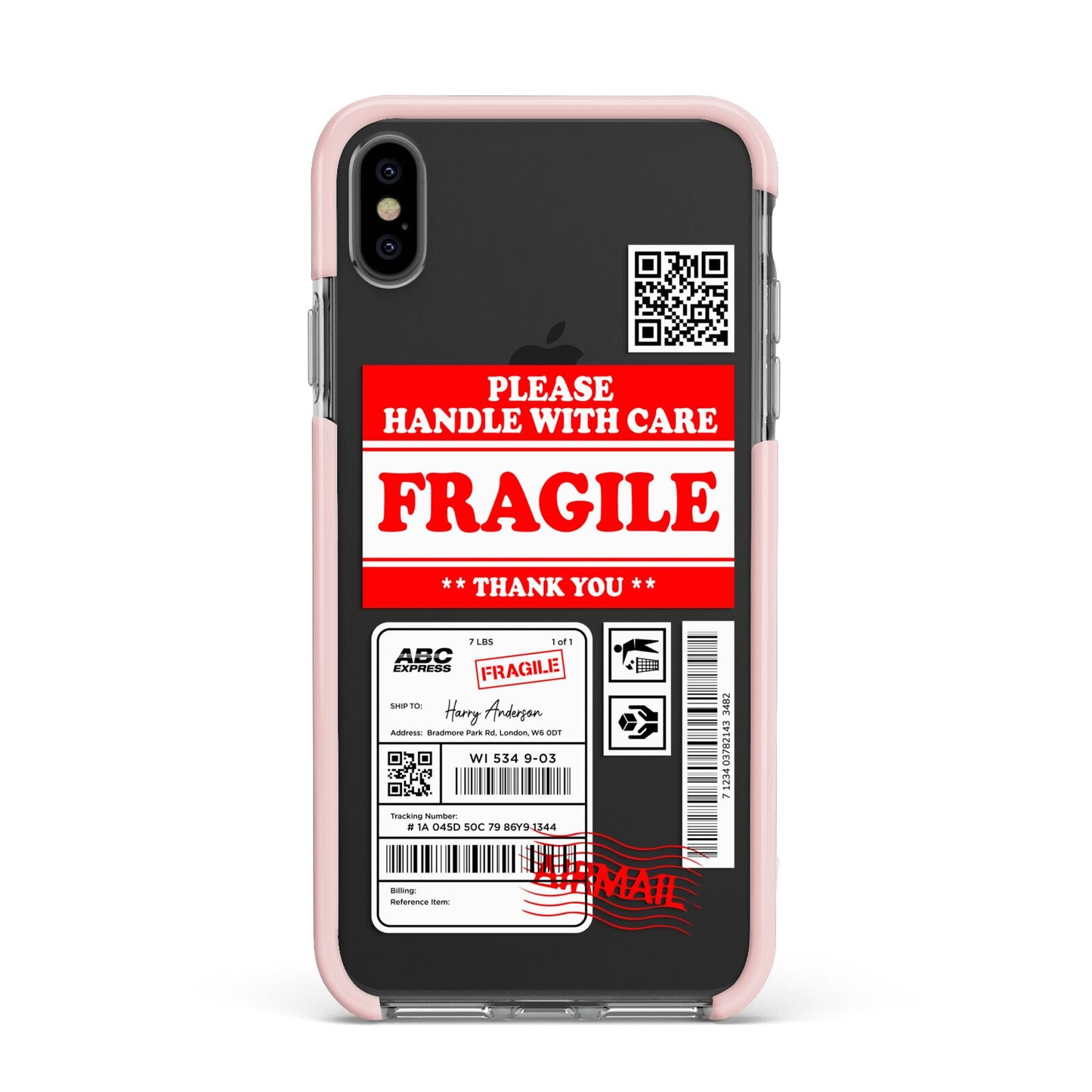 Fragile Parcel Stickers with Name Apple iPhone Xs Max Impact Case Pink Edge on Black Phone