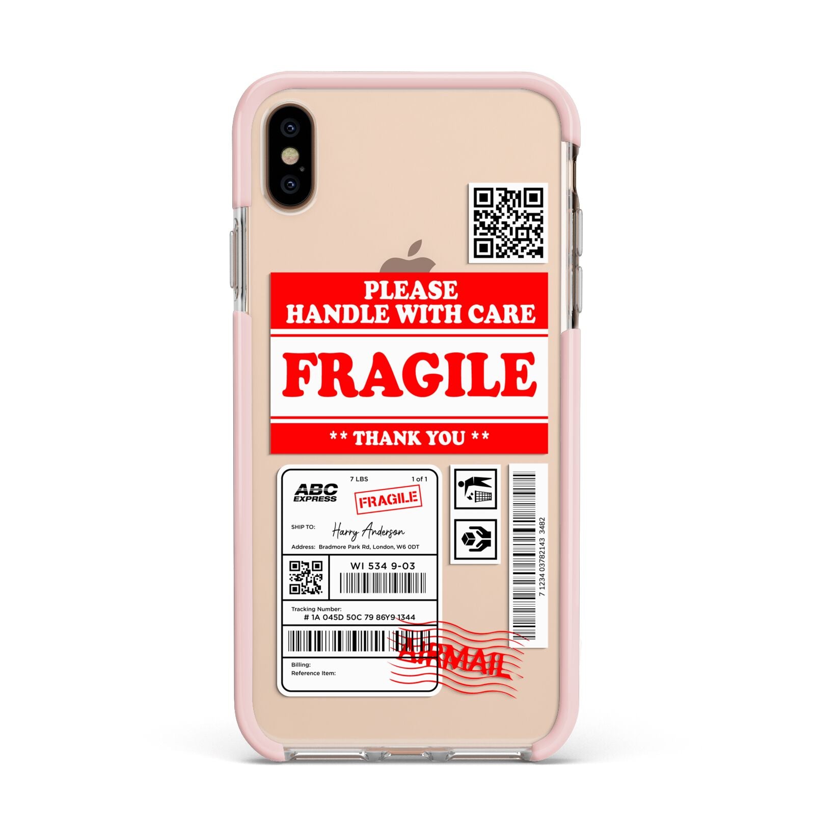 Fragile Parcel Stickers with Name Apple iPhone Xs Max Impact Case Pink Edge on Gold Phone