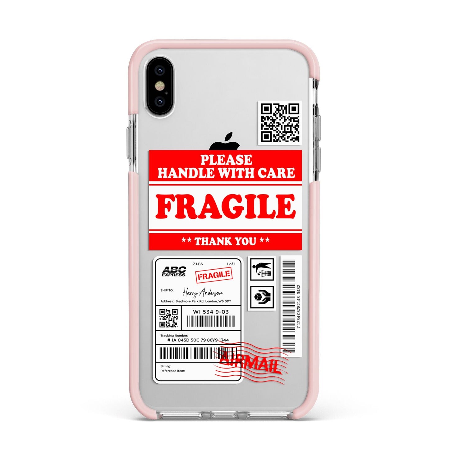 Fragile Parcel Stickers with Name Apple iPhone Xs Max Impact Case Pink Edge on Silver Phone