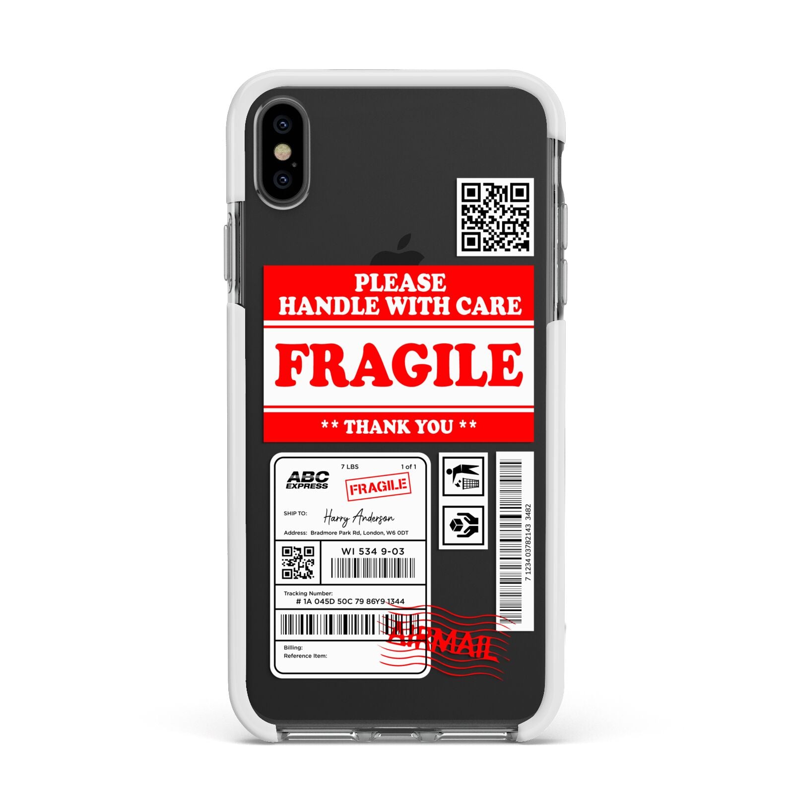 Fragile Parcel Stickers with Name Apple iPhone Xs Max Impact Case White Edge on Black Phone