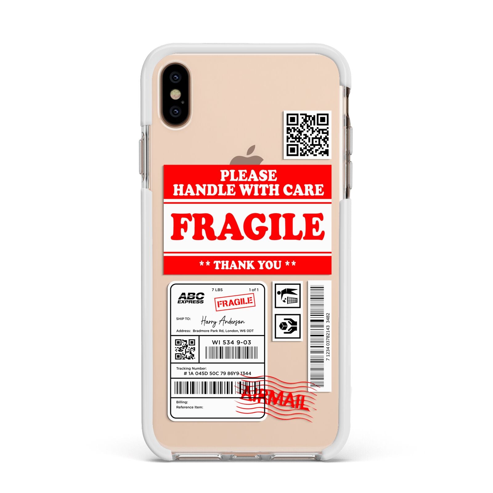 Fragile Parcel Stickers with Name Apple iPhone Xs Max Impact Case White Edge on Gold Phone