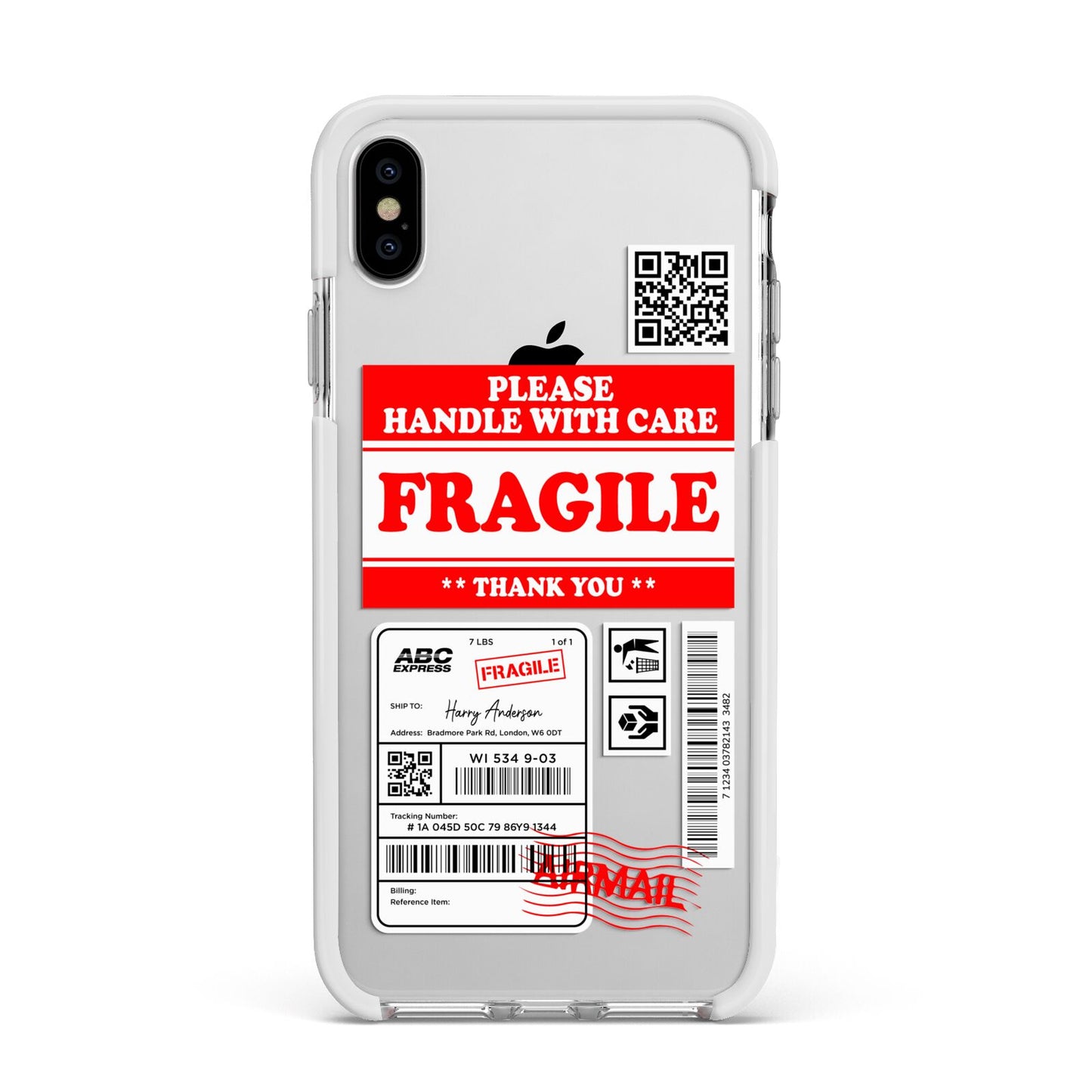 Fragile Parcel Stickers with Name Apple iPhone Xs Max Impact Case White Edge on Silver Phone