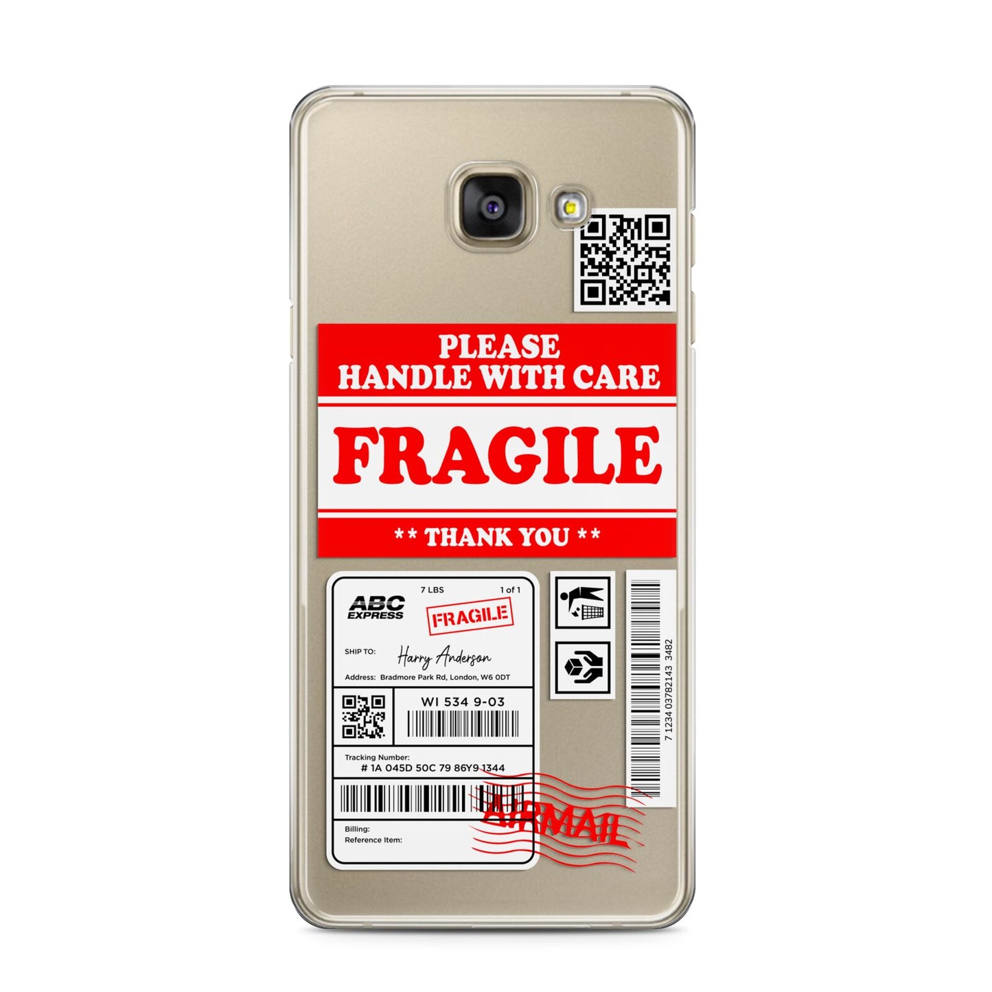 Fragile Parcel Stickers with Name Samsung Galaxy A3 2016 Case on gold phone