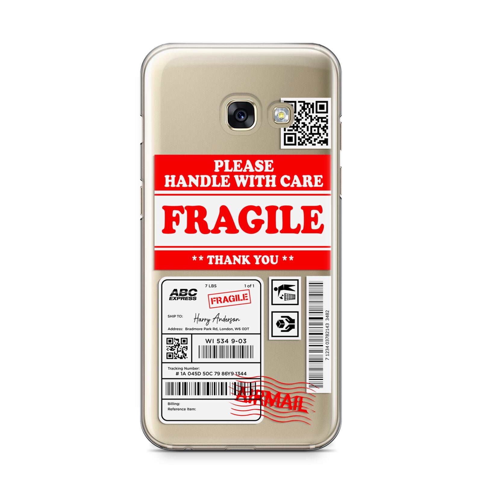 Fragile Parcel Stickers with Name Samsung Galaxy A3 2017 Case on gold phone