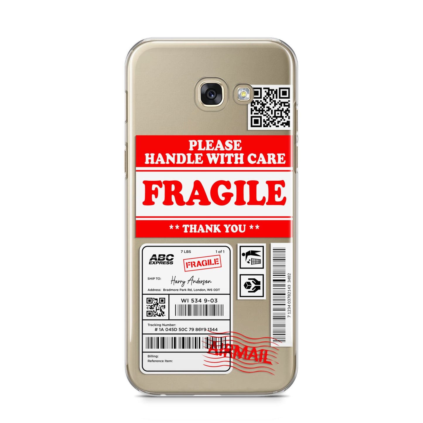 Fragile Parcel Stickers with Name Samsung Galaxy A5 2017 Case on gold phone