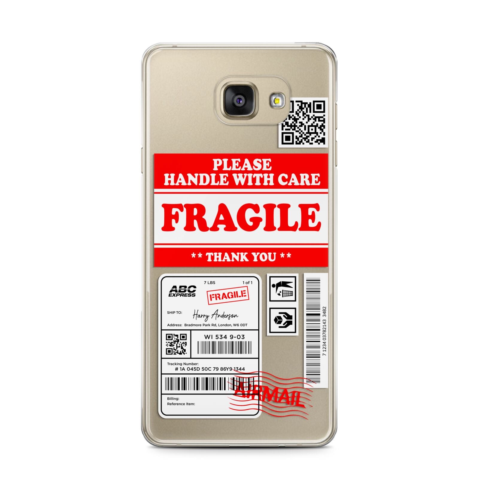 Fragile Parcel Stickers with Name Samsung Galaxy A7 2016 Case on gold phone