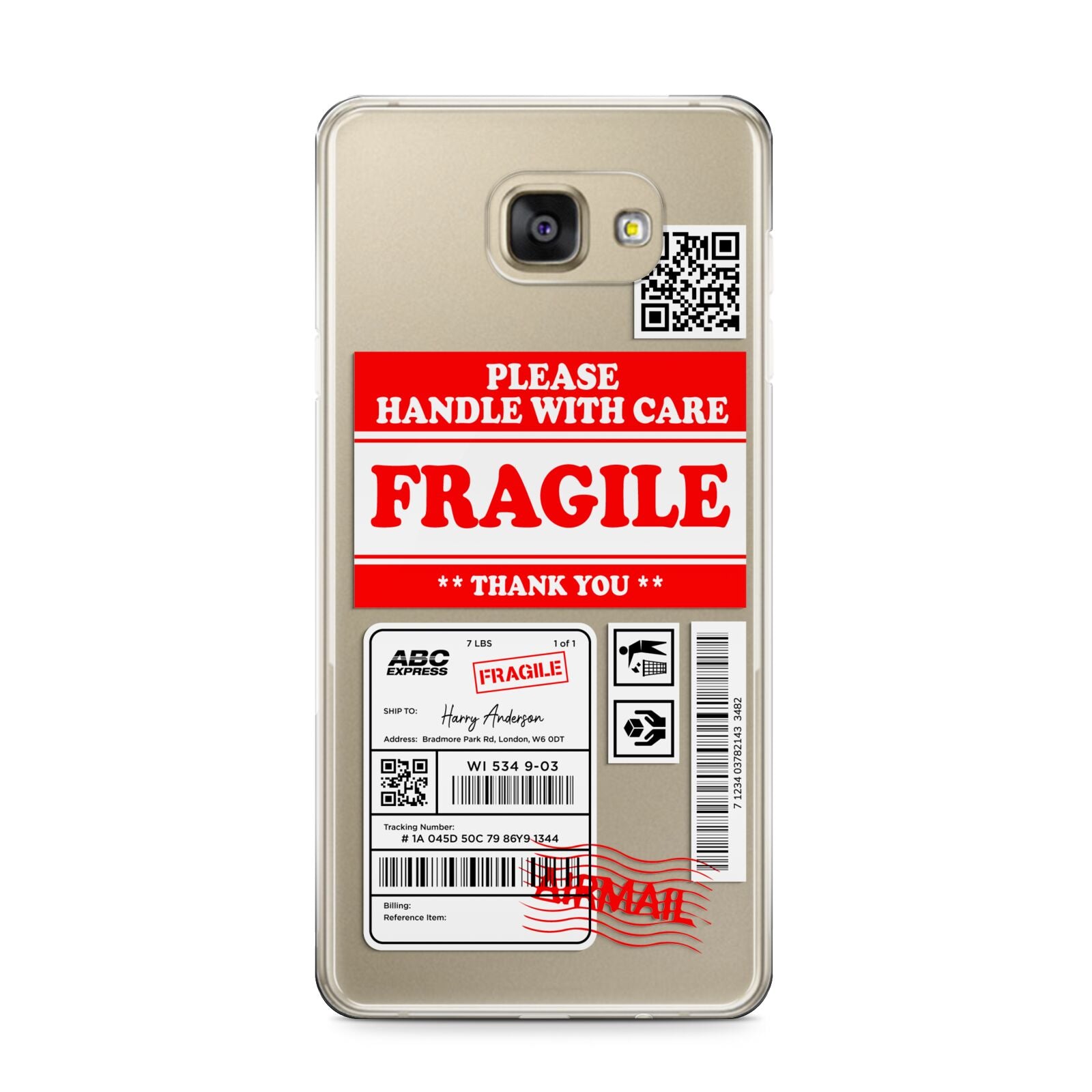 Fragile Parcel Stickers with Name Samsung Galaxy A9 2016 Case on gold phone