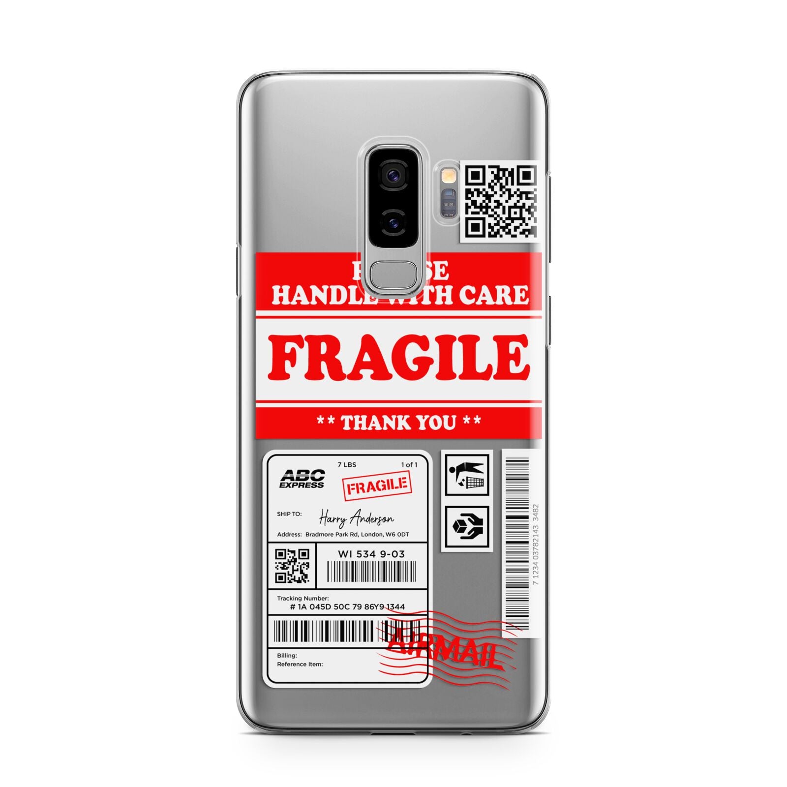 Fragile Parcel Stickers with Name Samsung Galaxy S9 Plus Case on Silver phone