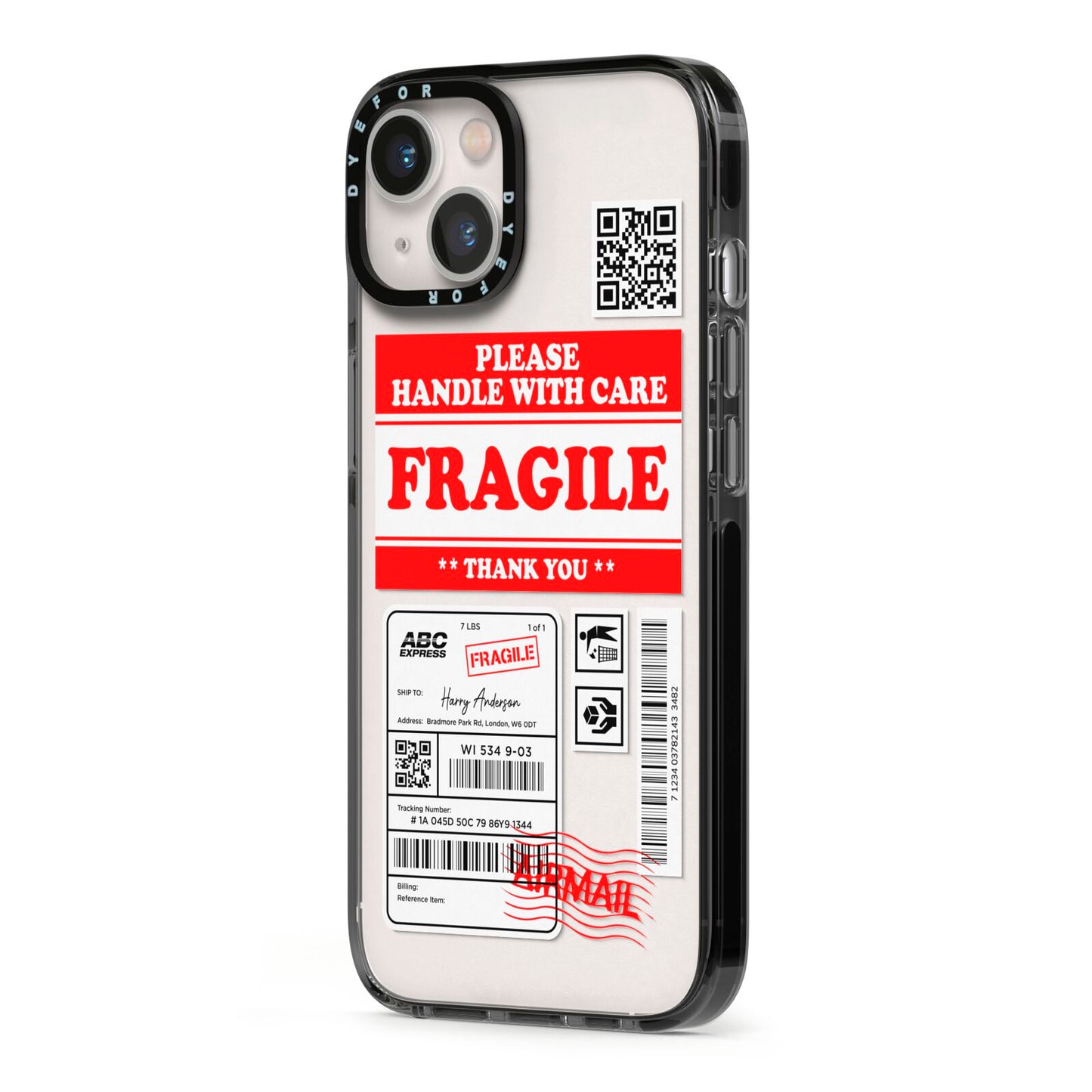 Fragile Parcel Stickers with Name iPhone 13 Black Impact Case Side Angle on Silver phone