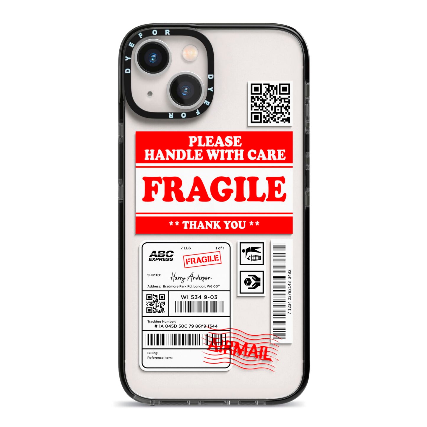 Fragile Parcel Stickers with Name iPhone 13 Black Impact Case on Silver phone