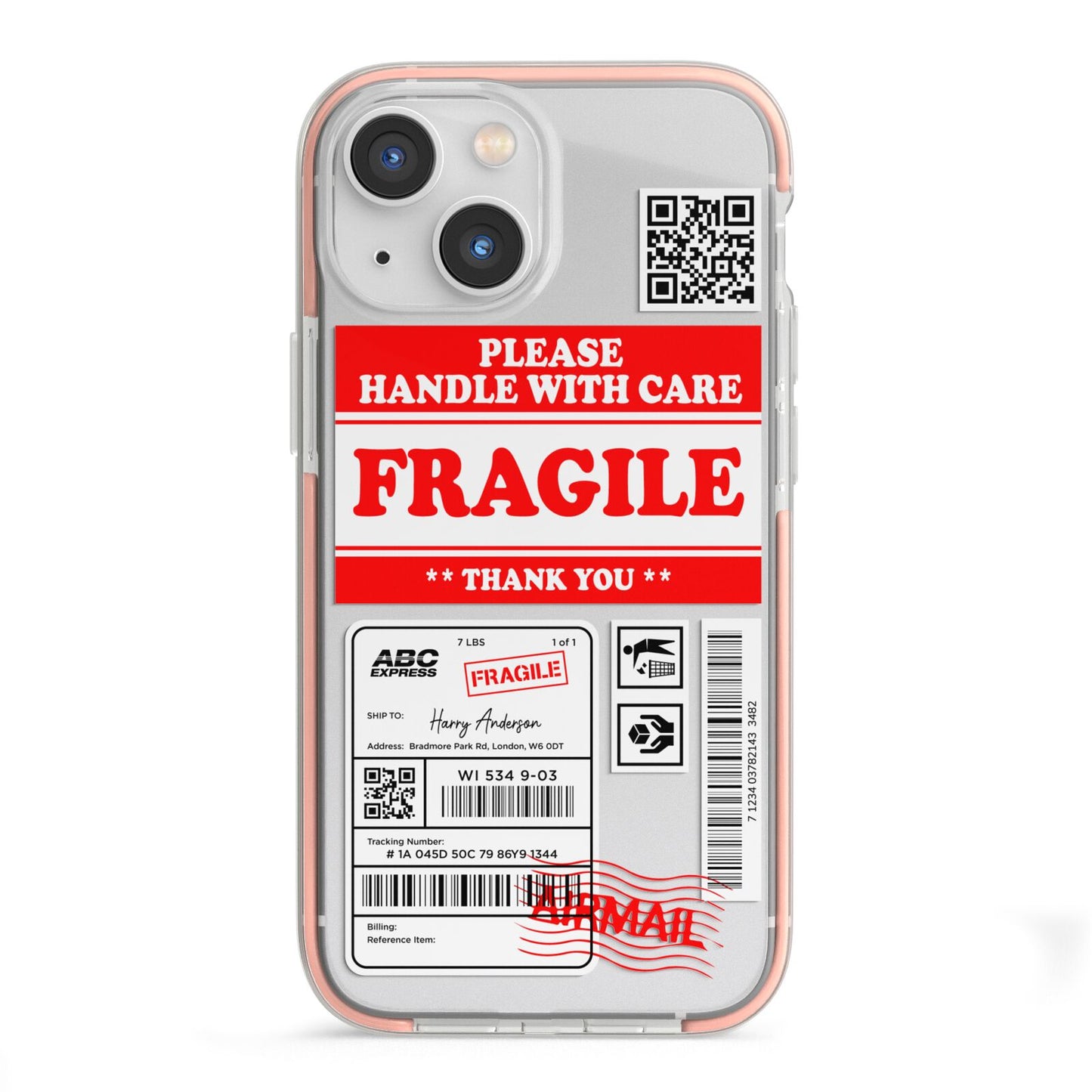 Fragile Parcel Stickers with Name iPhone 13 Mini TPU Impact Case with Pink Edges