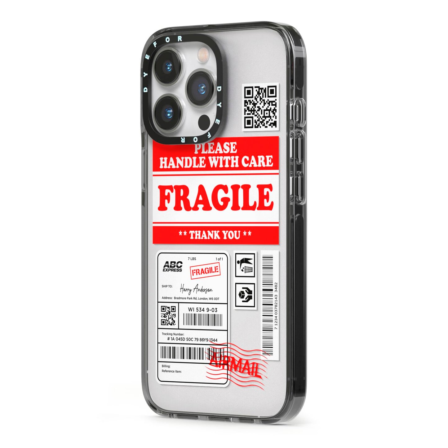 Fragile Parcel Stickers with Name iPhone 13 Pro Black Impact Case Side Angle on Silver phone