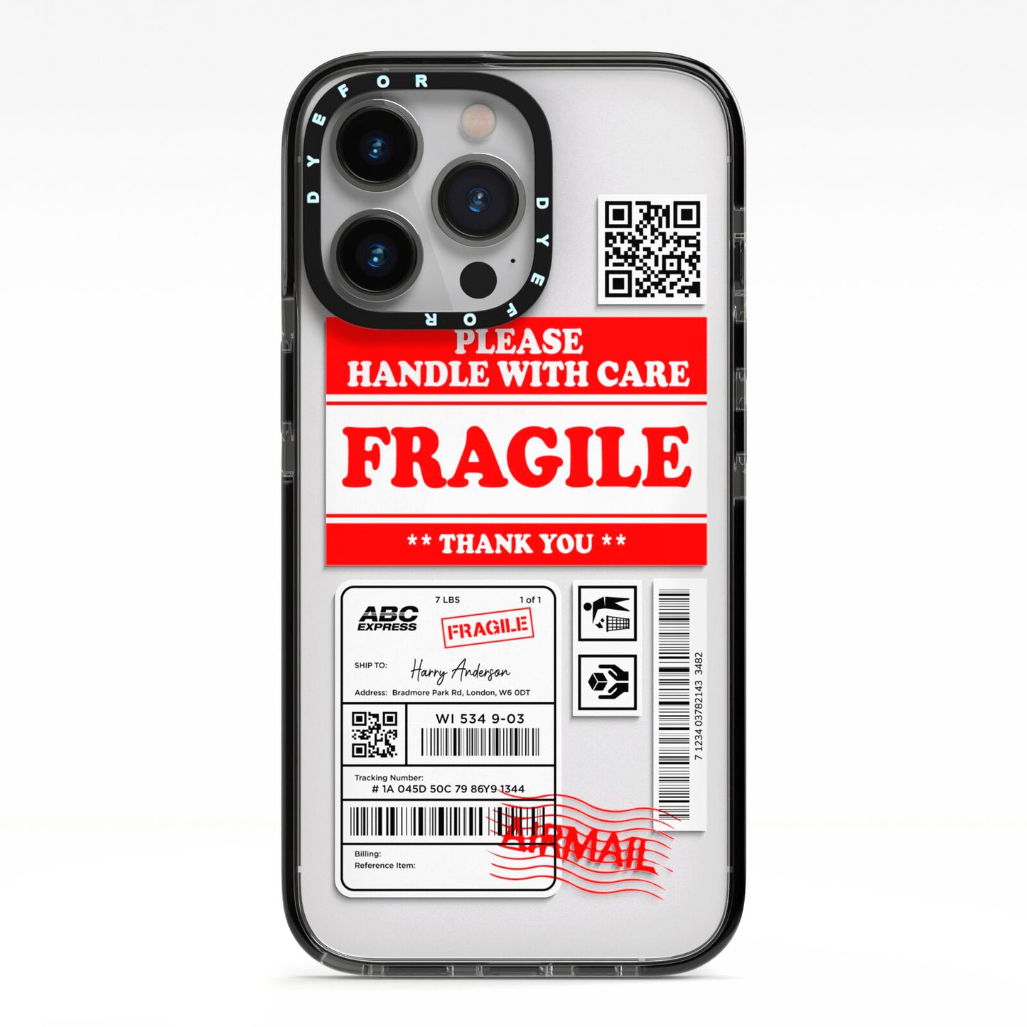 Fragile Parcel Stickers with Name iPhone 13 Pro Black Impact Case on Silver phone