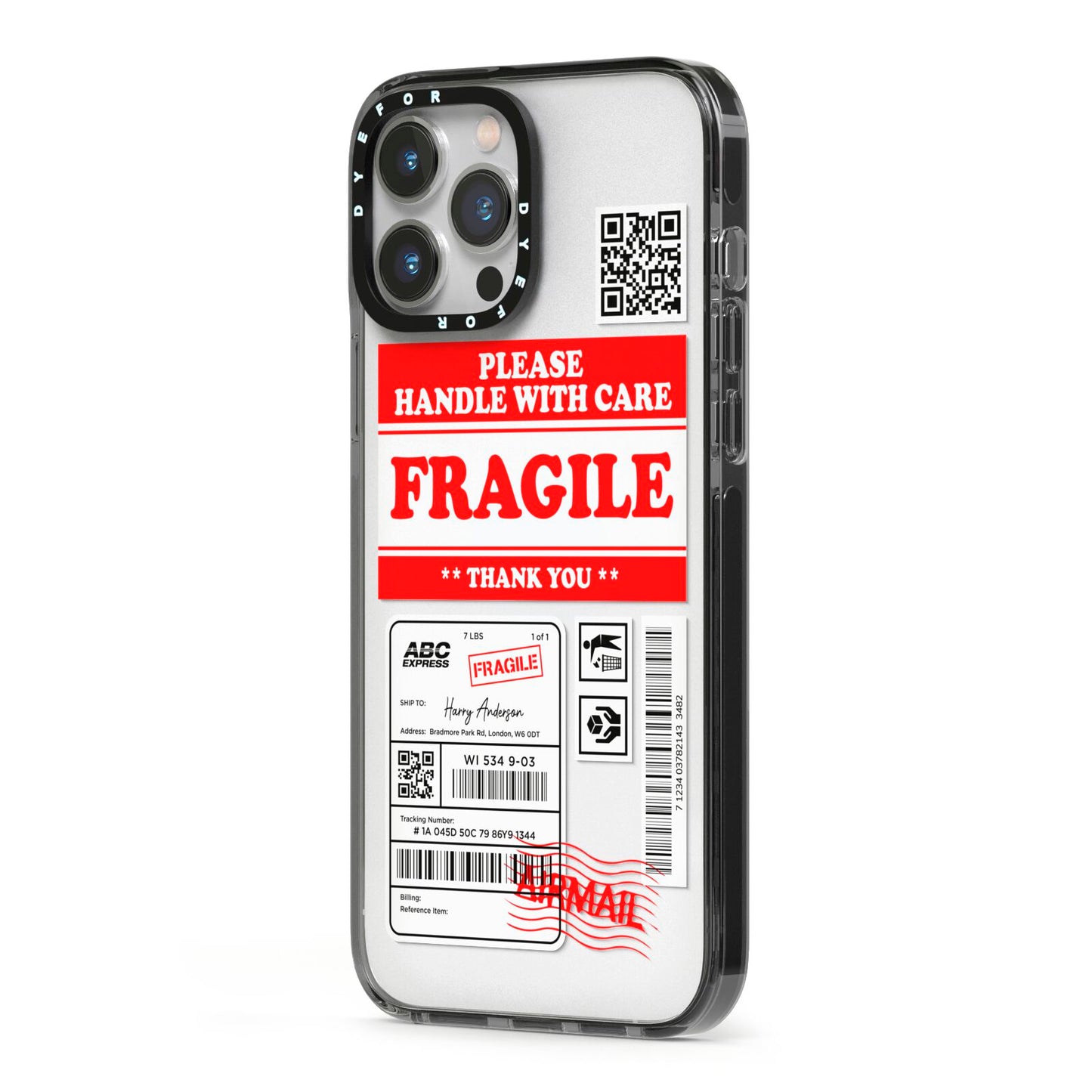 Fragile Parcel Stickers with Name iPhone 13 Pro Max Black Impact Case Side Angle on Silver phone