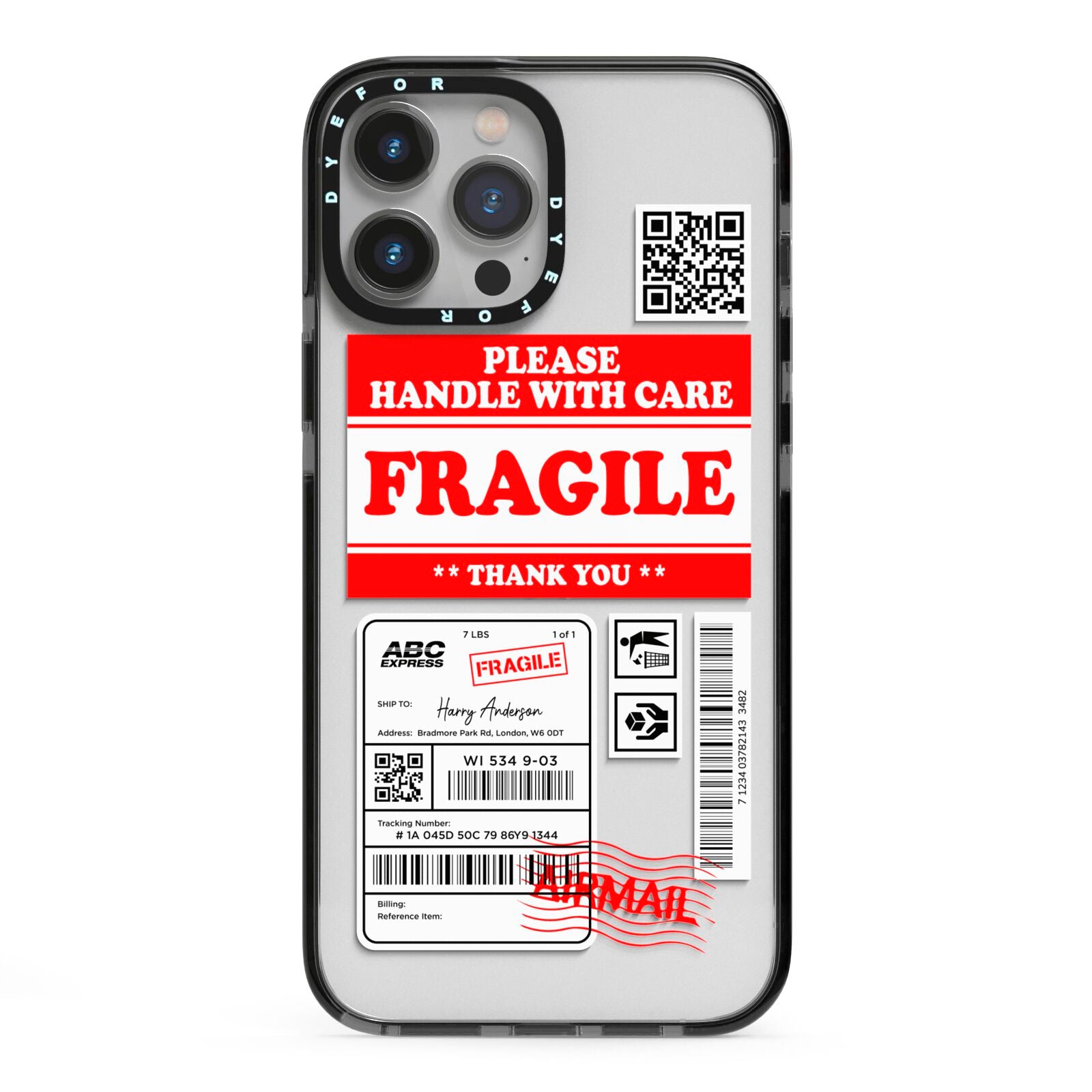 Fragile Parcel Stickers with Name iPhone 13 Pro Max Black Impact Case on Silver phone