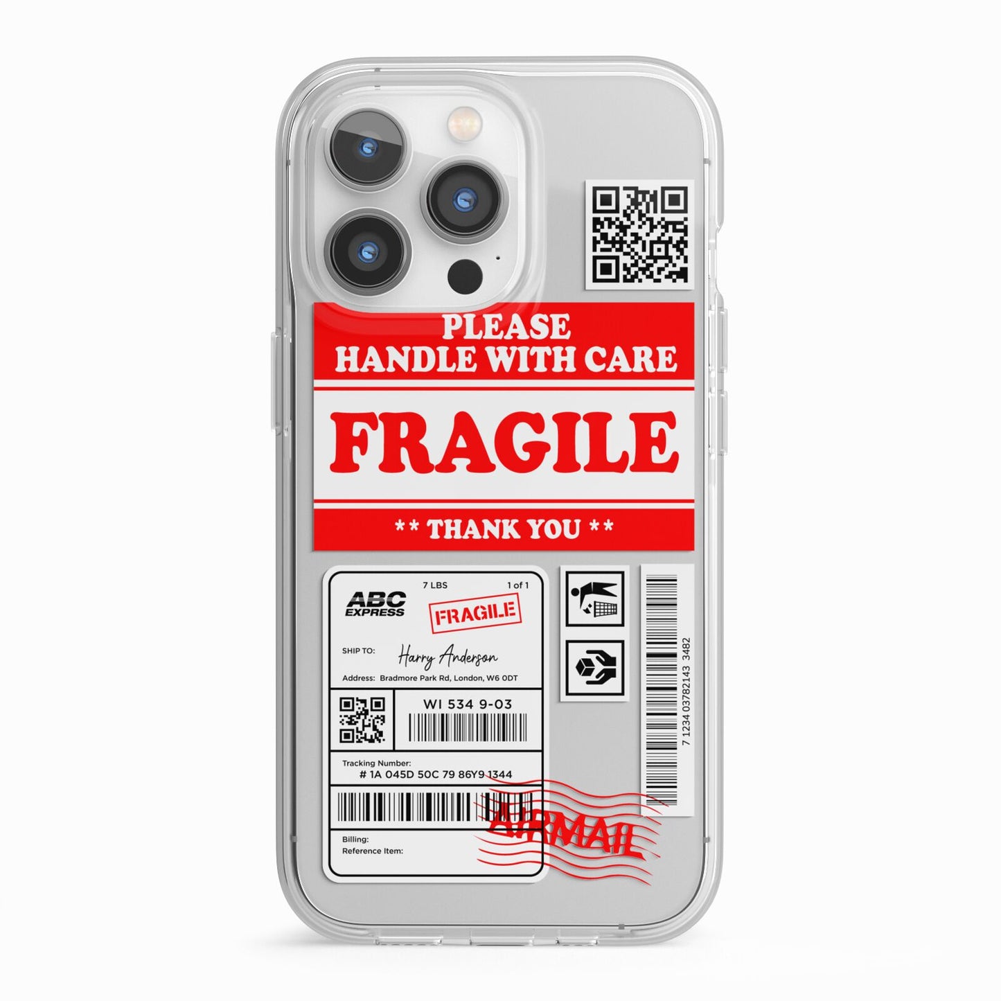 Fragile Parcel Stickers with Name iPhone 13 Pro TPU Impact Case with White Edges