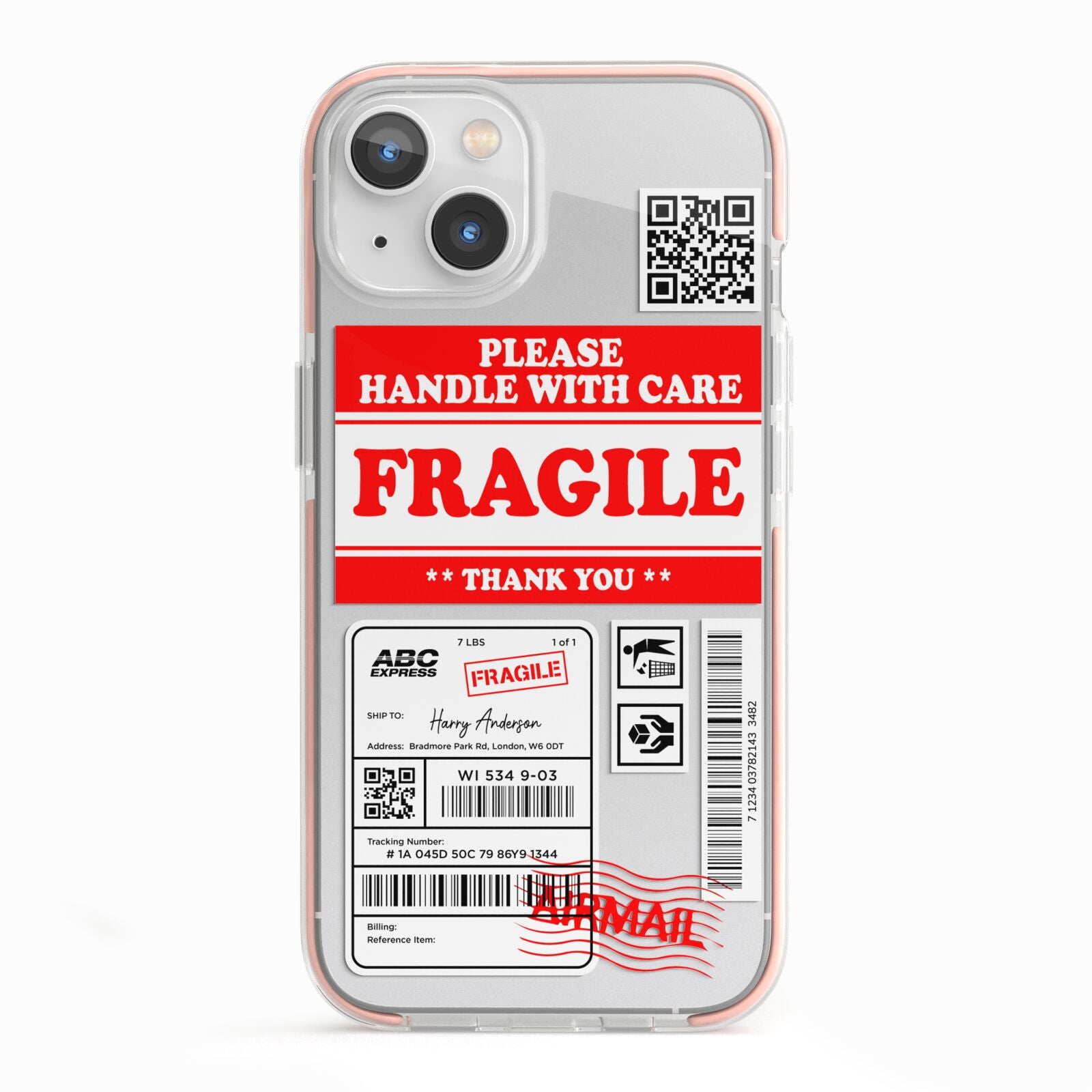 Fragile Parcel Stickers with Name iPhone 13 TPU Impact Case with Pink Edges