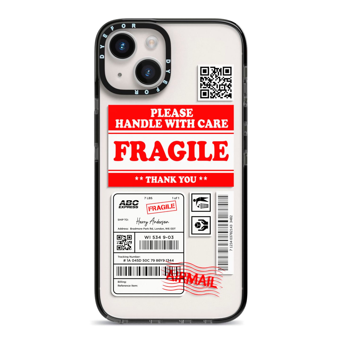 Fragile Parcel Stickers with Name iPhone 14 Black Impact Case on Silver phone