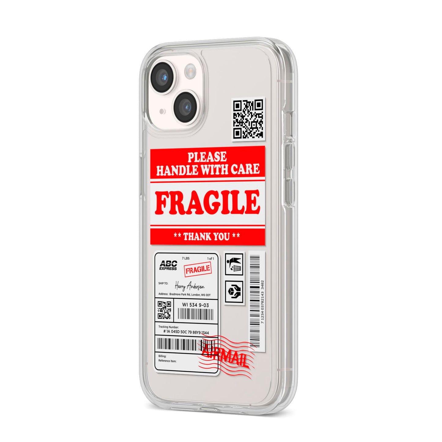 Fragile Parcel Stickers with Name iPhone 14 Clear Tough Case Starlight Angled Image