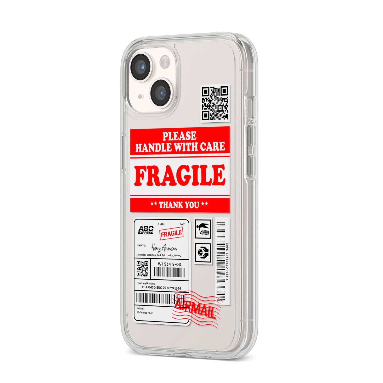 Fragile Parcel Stickers with Name iPhone 14 Clear Tough Case Starlight Angled Image