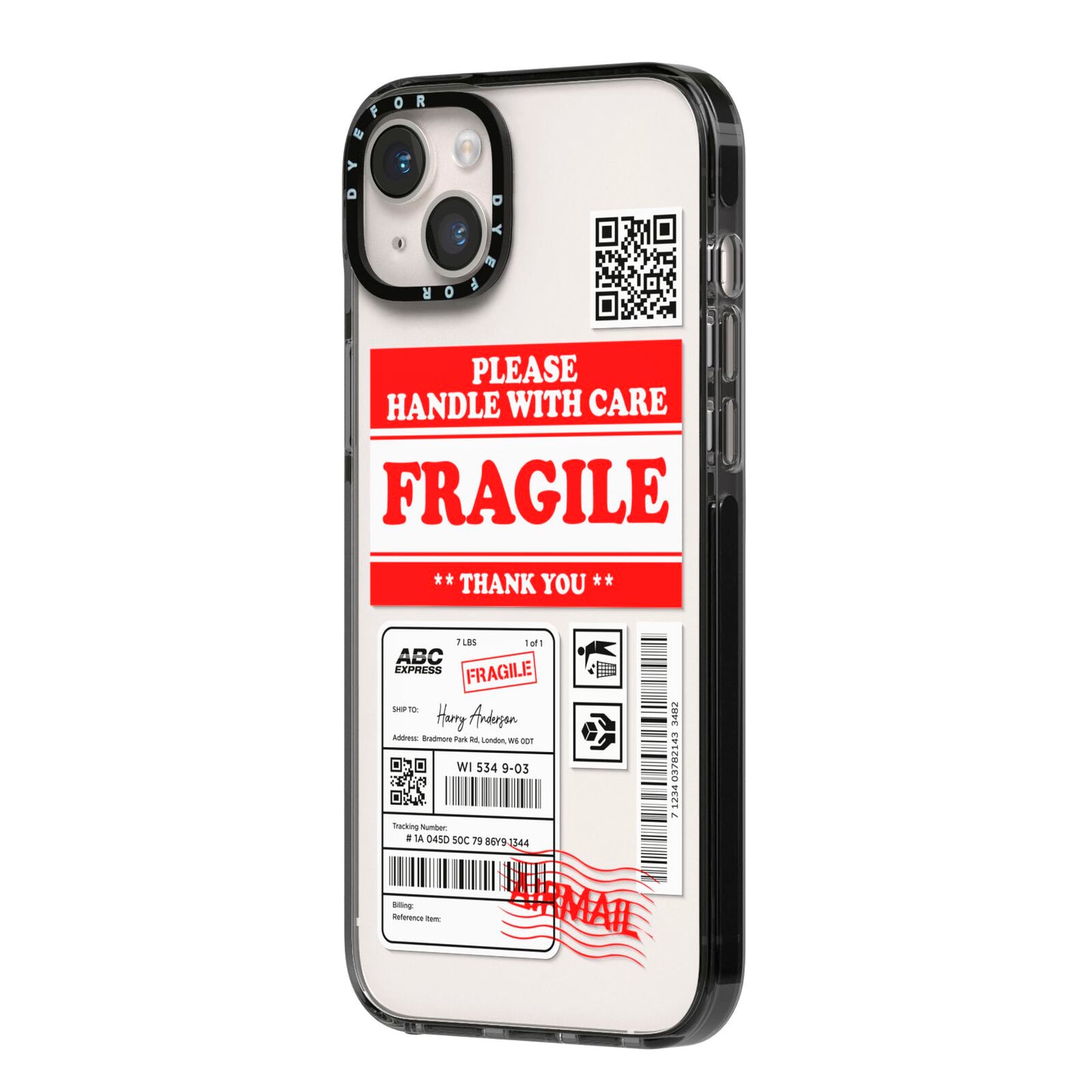 Fragile Parcel Stickers with Name iPhone 14 Plus Black Impact Case Side Angle on Silver phone