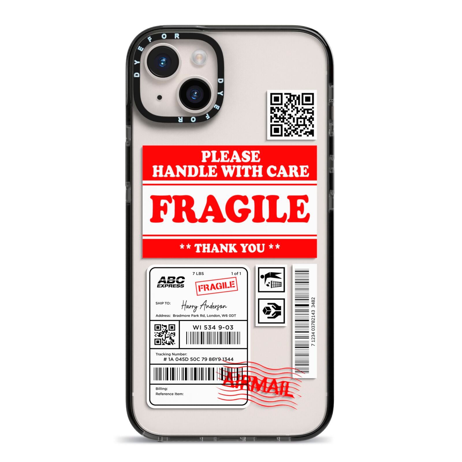 Fragile Parcel Stickers with Name iPhone 14 Plus Black Impact Case on Silver phone