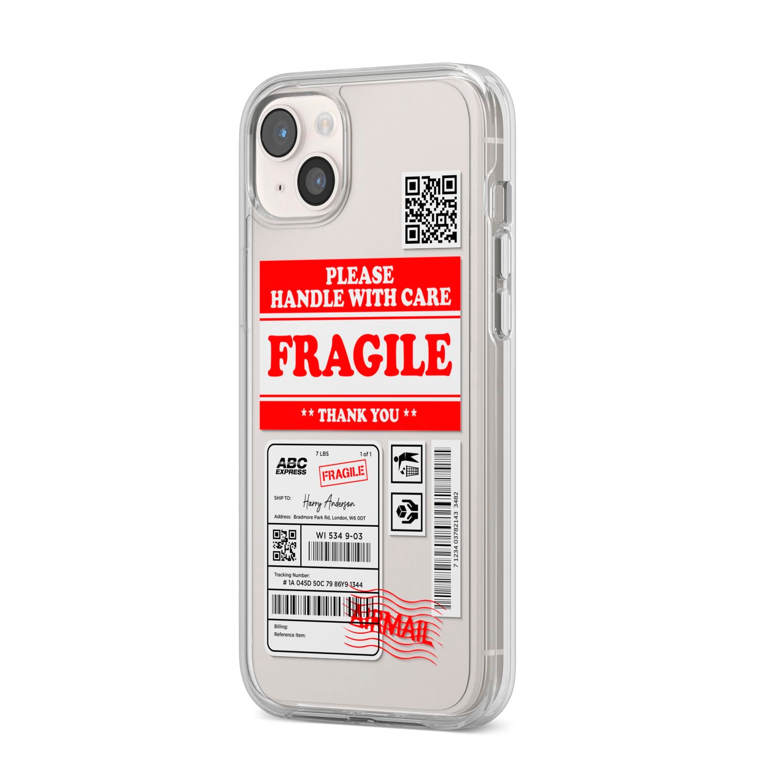 Fragile Parcel Stickers with Name iPhone 14 Plus Clear Tough Case Starlight Angled Image