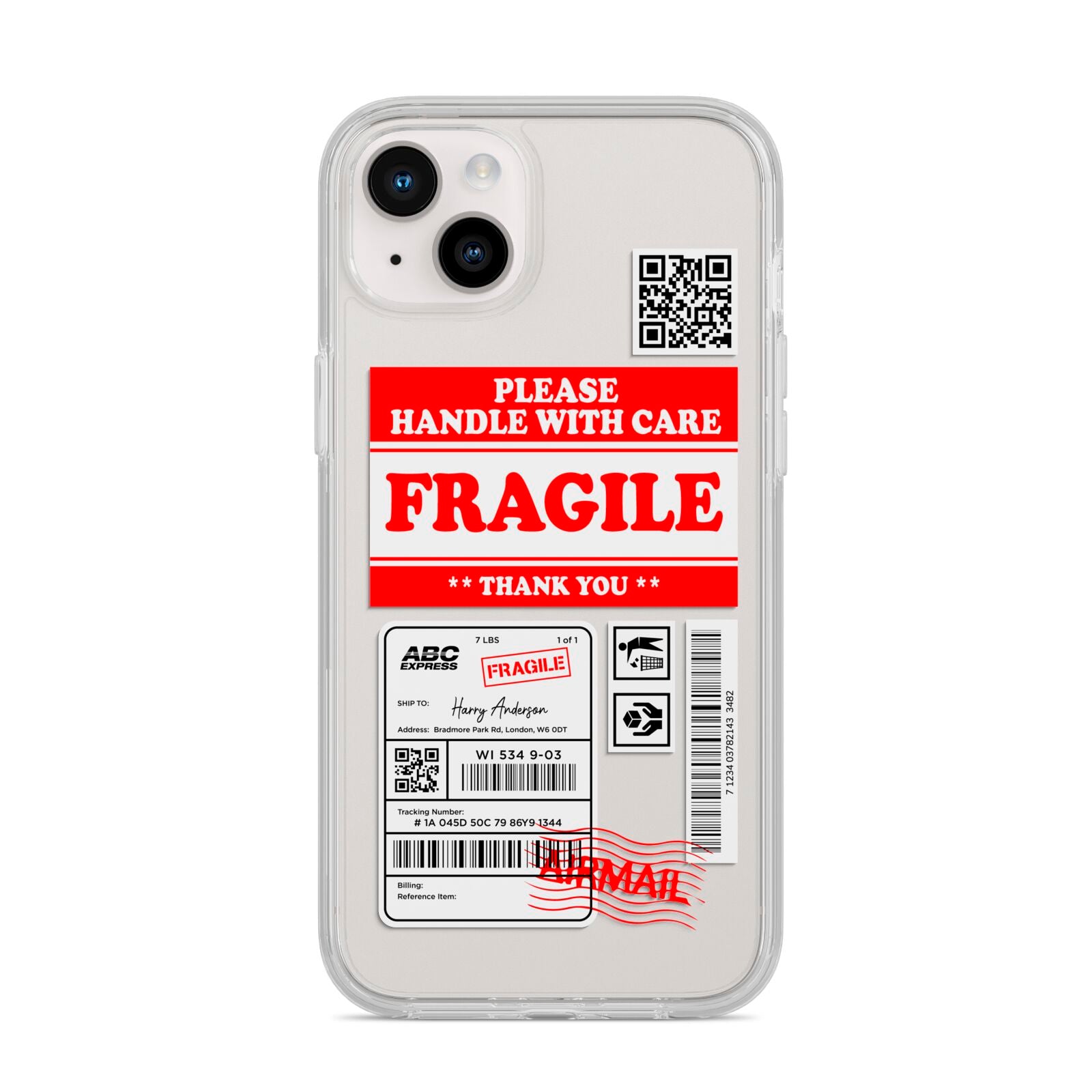 Fragile Parcel Stickers with Name iPhone 14 Plus Clear Tough Case Starlight