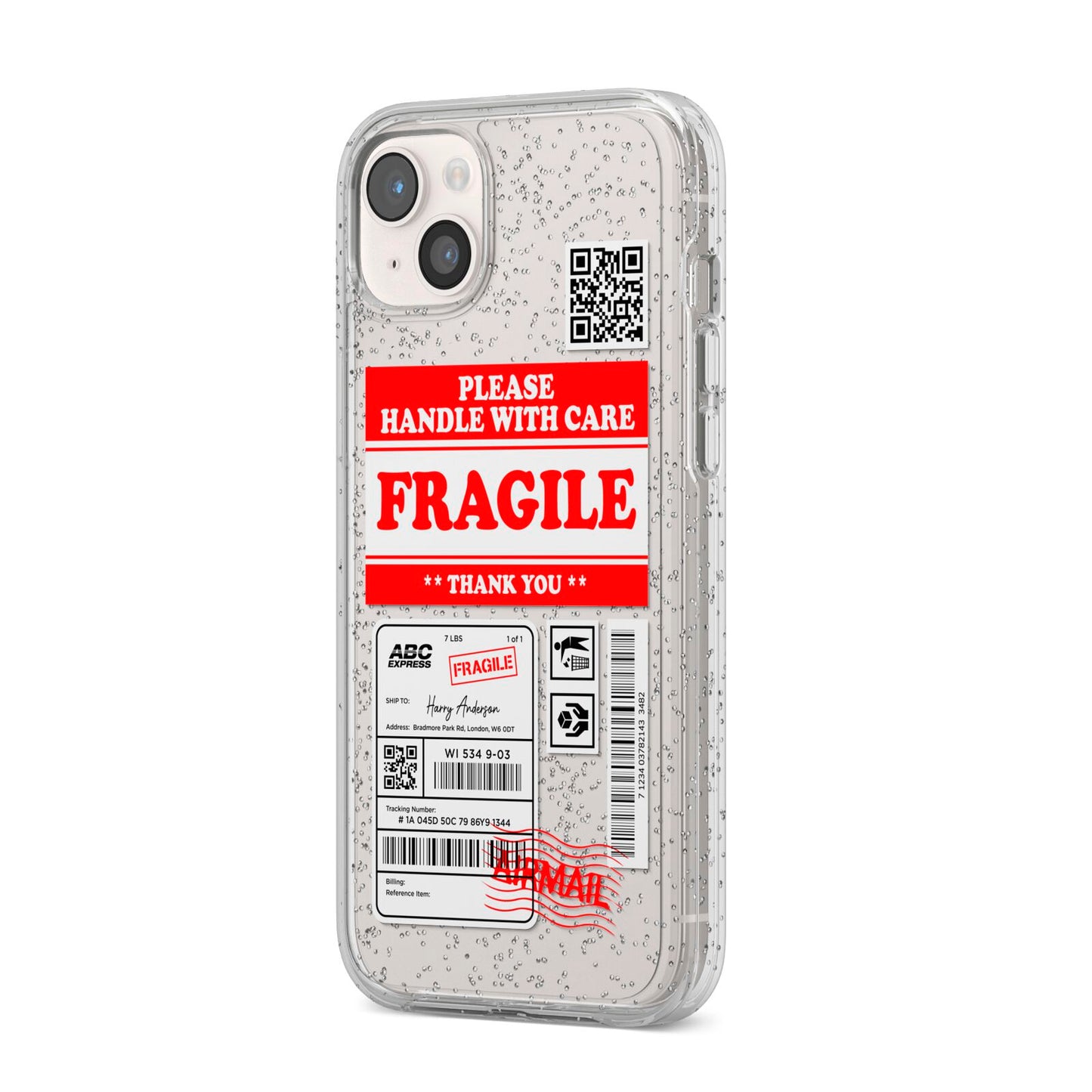 Fragile Parcel Stickers with Name iPhone 14 Plus Glitter Tough Case Starlight Angled Image