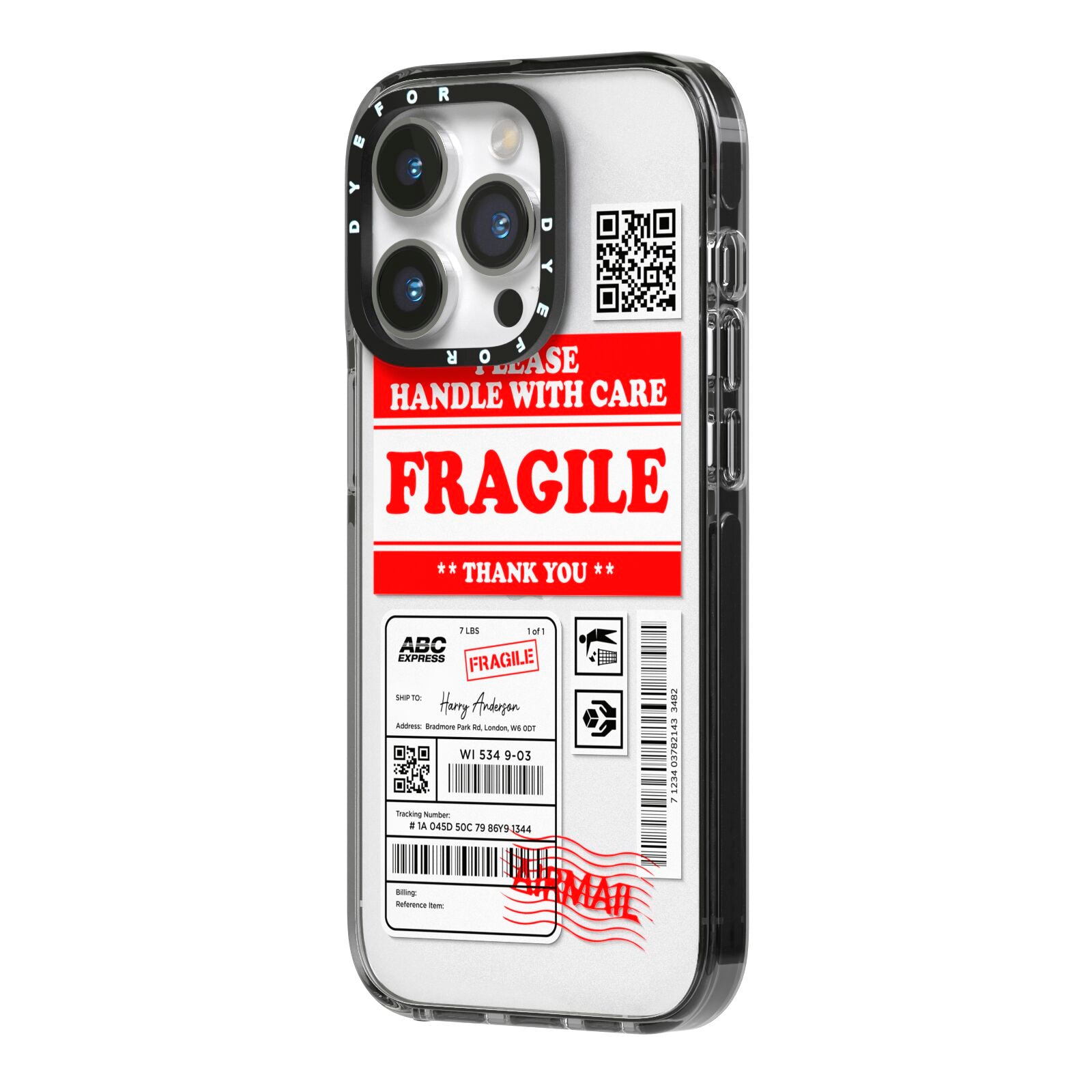 Fragile Parcel Stickers with Name iPhone 14 Pro Black Impact Case Side Angle on Silver phone