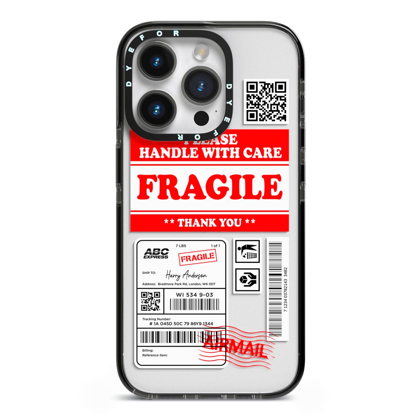 Fragile Parcel Stickers with Name iPhone 14 Pro Black Impact Case on Silver phone