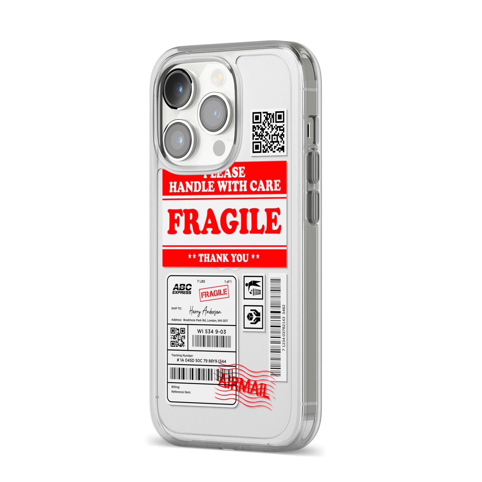 Fragile Parcel Stickers with Name iPhone 14 Pro Clear Tough Case Silver Angled Image