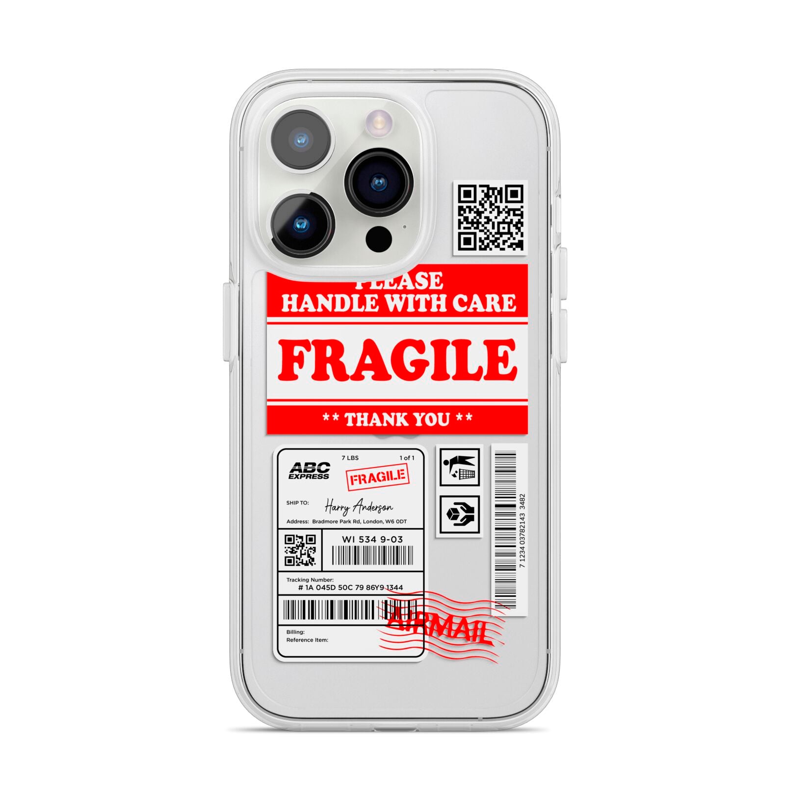 Fragile Parcel Stickers with Name iPhone 14 Pro Clear Tough Case Silver