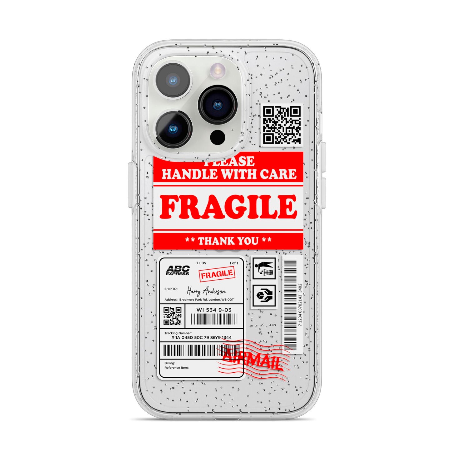 Fragile Parcel Stickers with Name iPhone 14 Pro Glitter Tough Case Silver