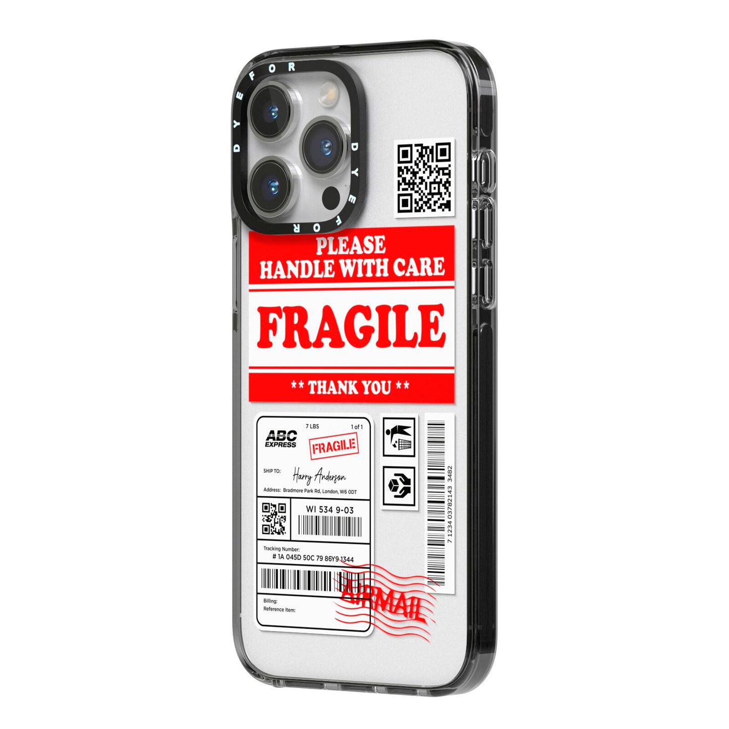 Fragile Parcel Stickers with Name iPhone 14 Pro Max Black Impact Case Side Angle on Silver phone