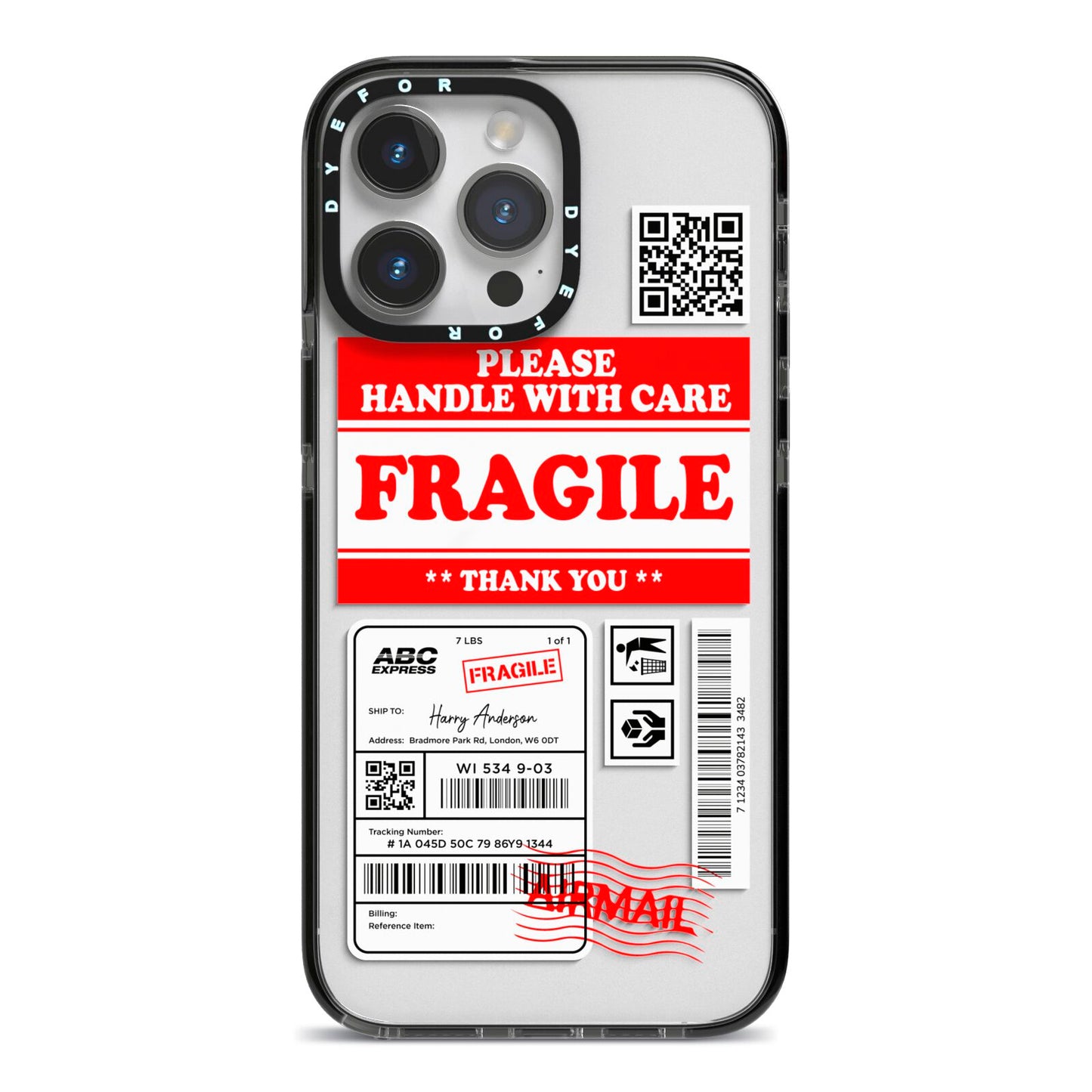 Fragile Parcel Stickers with Name iPhone 14 Pro Max Black Impact Case on Silver phone