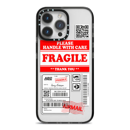 Fragile Parcel Stickers with Name iPhone 14 Pro Max Black Impact Case on Silver phone