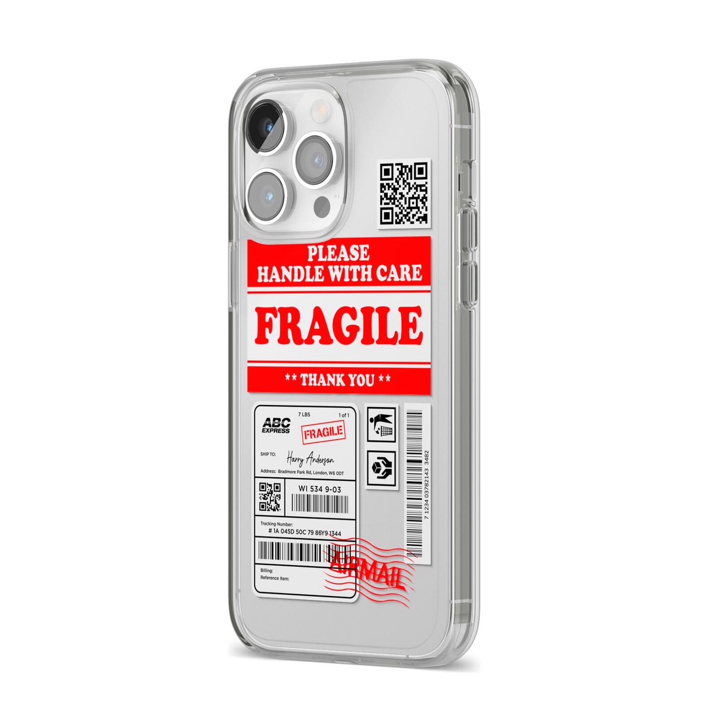 Fragile Parcel Stickers with Name iPhone 14 Pro Max Clear Tough Case Silver Angled Image