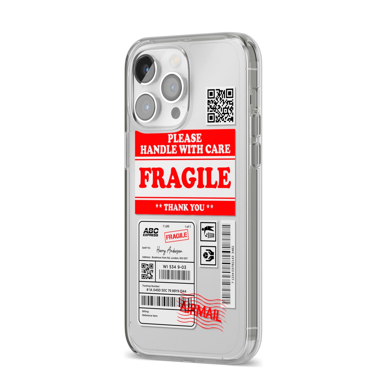 Fragile Parcel Stickers with Name iPhone 14 Pro Max Clear Tough Case Silver Angled Image