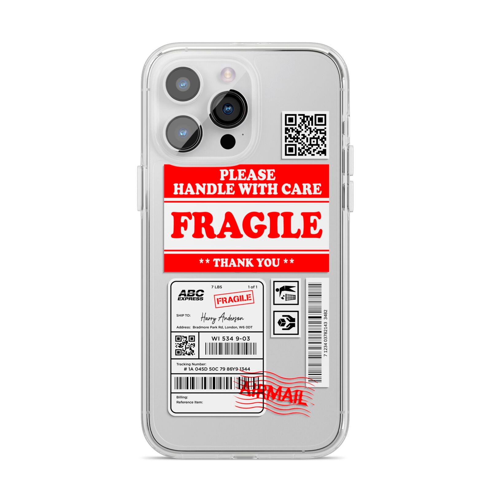 Fragile Parcel Stickers with Name iPhone 14 Pro Max Clear Tough Case Silver