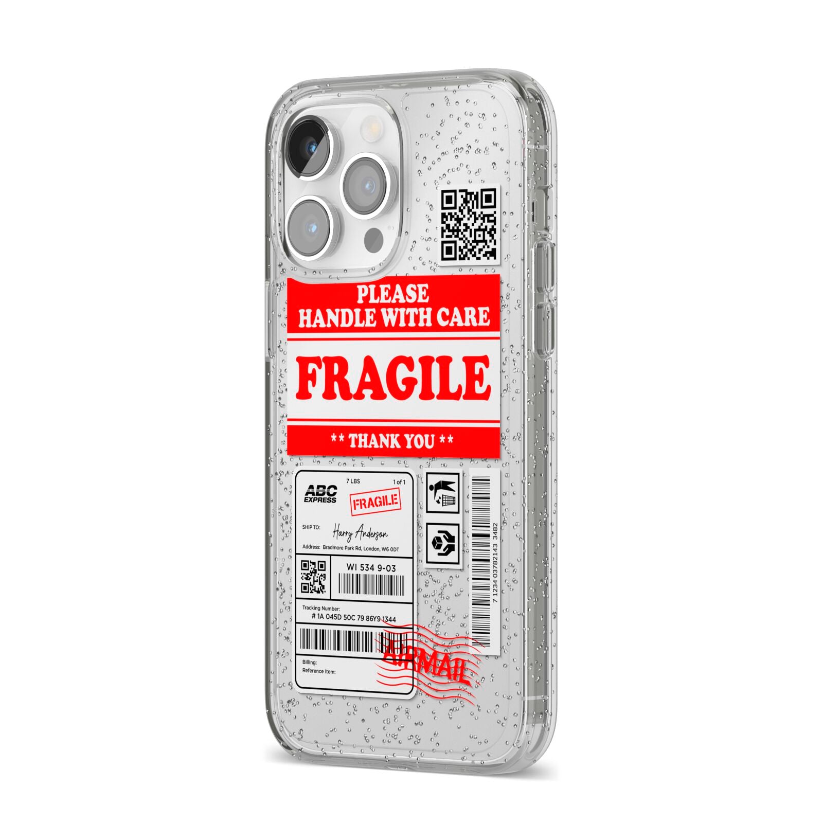 Fragile Parcel Stickers with Name iPhone 14 Pro Max Glitter Tough Case Silver Angled Image