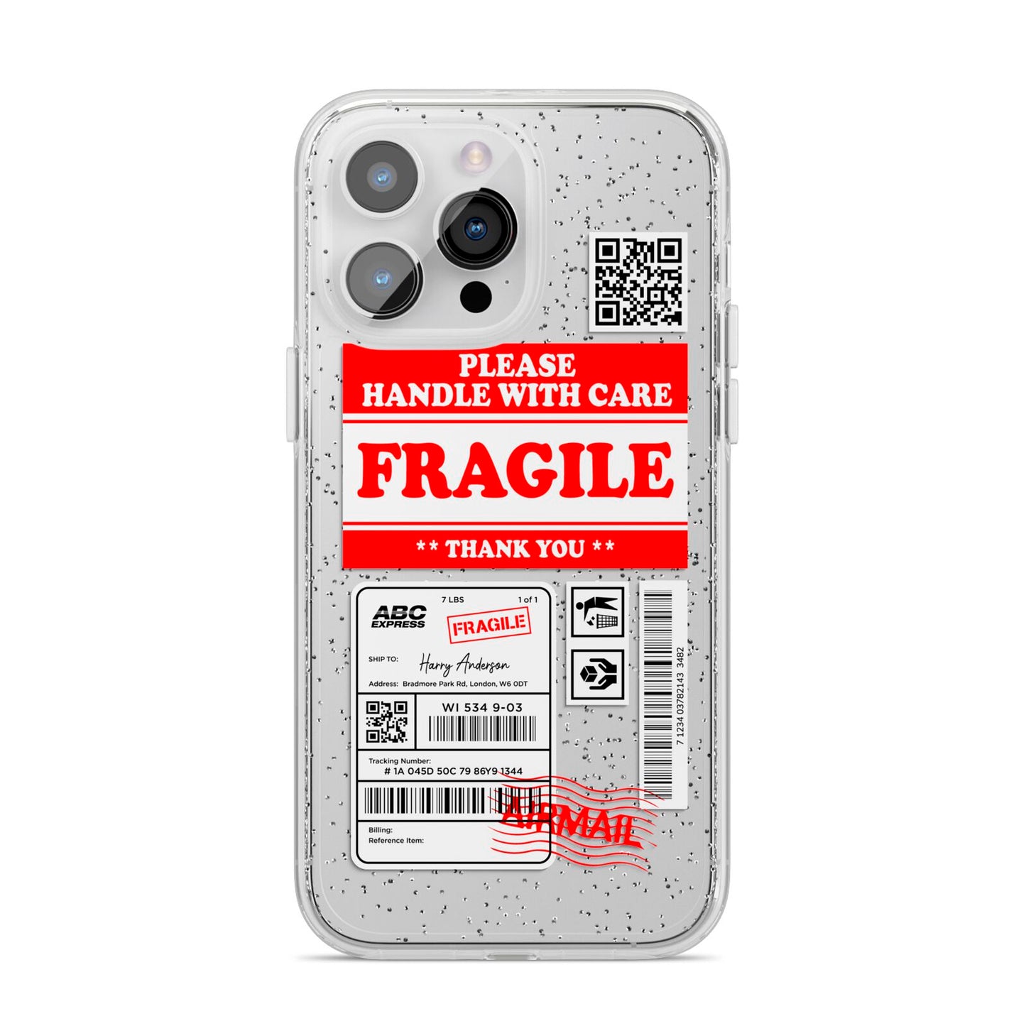 Fragile Parcel Stickers with Name iPhone 14 Pro Max Glitter Tough Case Silver