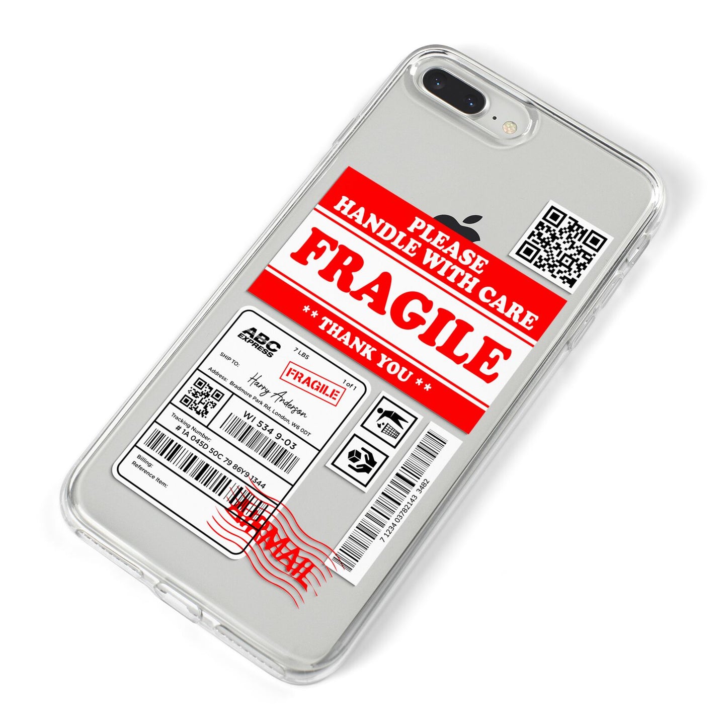 Fragile Parcel Stickers with Name iPhone 8 Plus Bumper Case on Silver iPhone Alternative Image