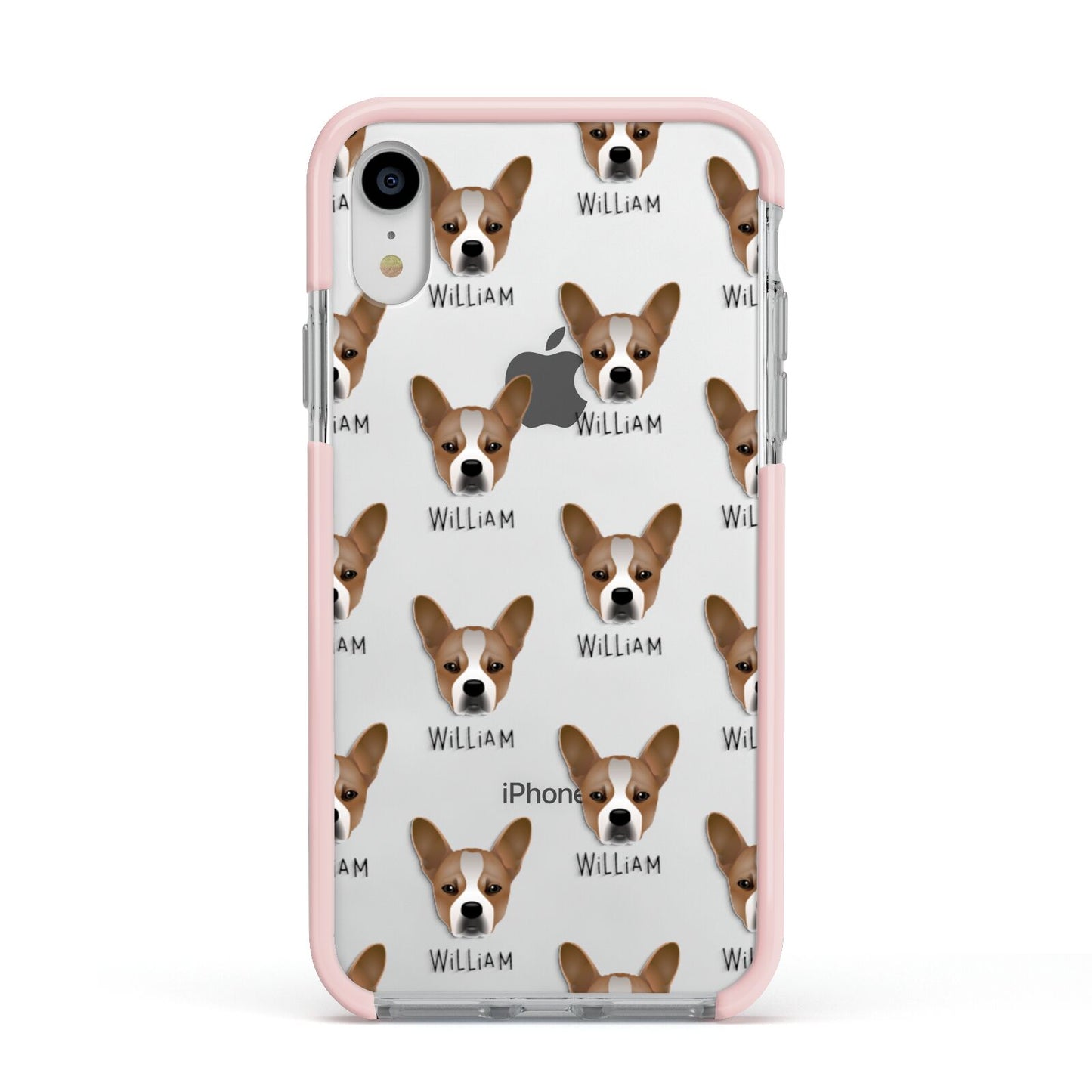 French Bull Jack Icon with Name Apple iPhone XR Impact Case Pink Edge on Silver Phone